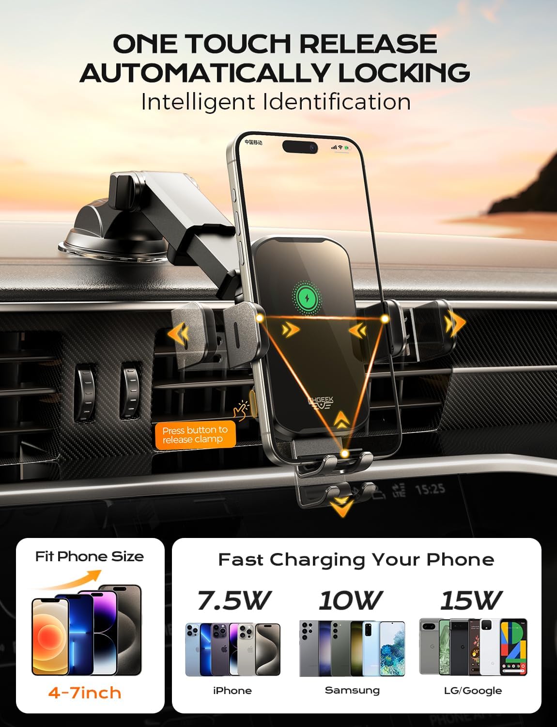 CHGeek 15W Fast Wireless Car Charger & Phone Holder - Auto Clamping Dashboard, Windshield & Air Vent Mount for iPhone, Samsung Galaxy, Google Pixel - Perfect for Commuting & Road Trips