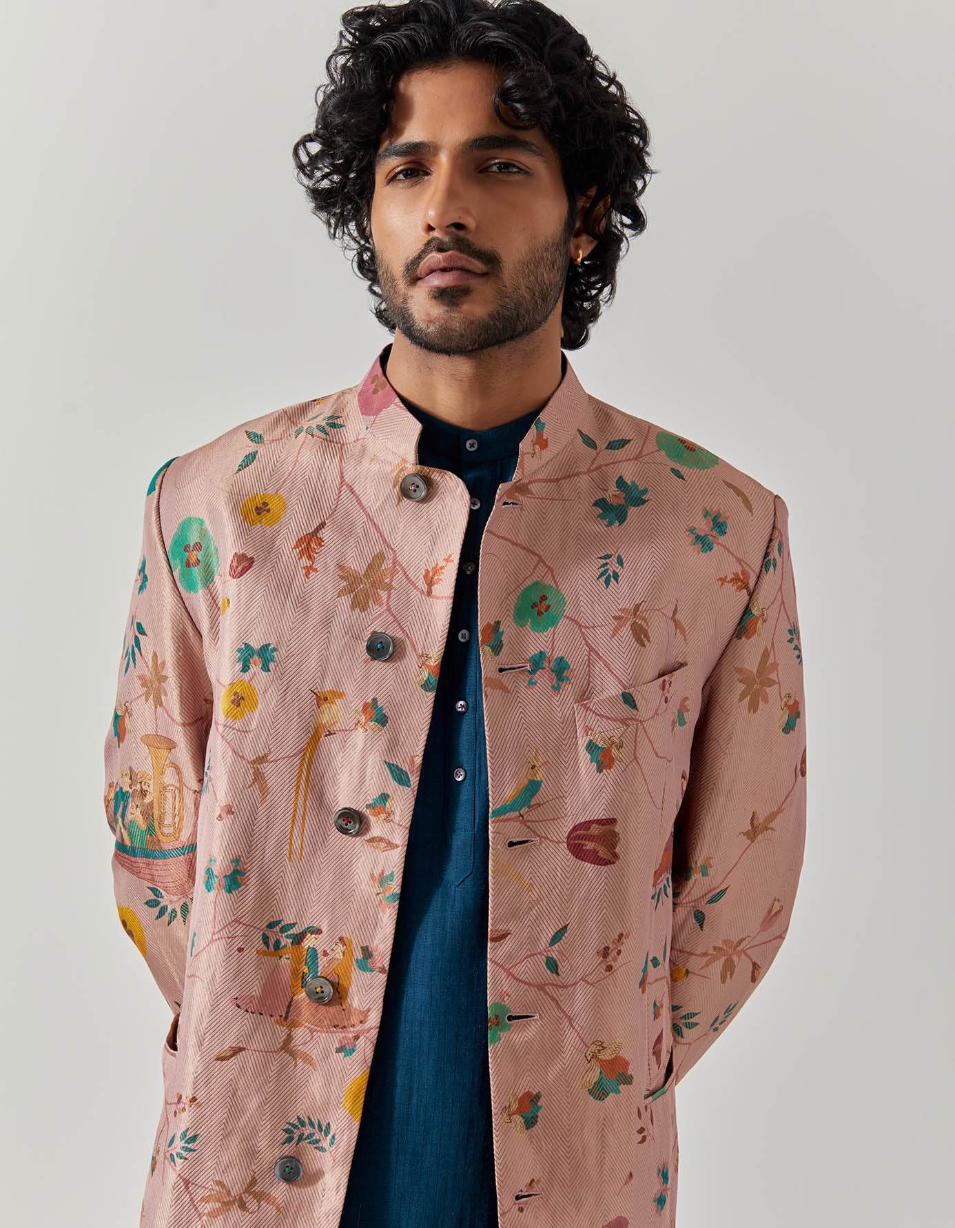 Elegant Bandhgala Silk Brocade Jacket with Quartz Vineyard Design | Premium Indian Menswear for Weddings & Special Occasions