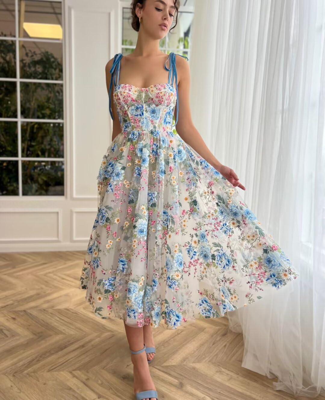 Wchecalino Women's Floral Print Tulle Prom Dress Tea Length 2025 Spaghetti Straps Formal Evening Gown - Perfect for Homecoming, Wedding Guest, Cocktail Party & Special Occasions