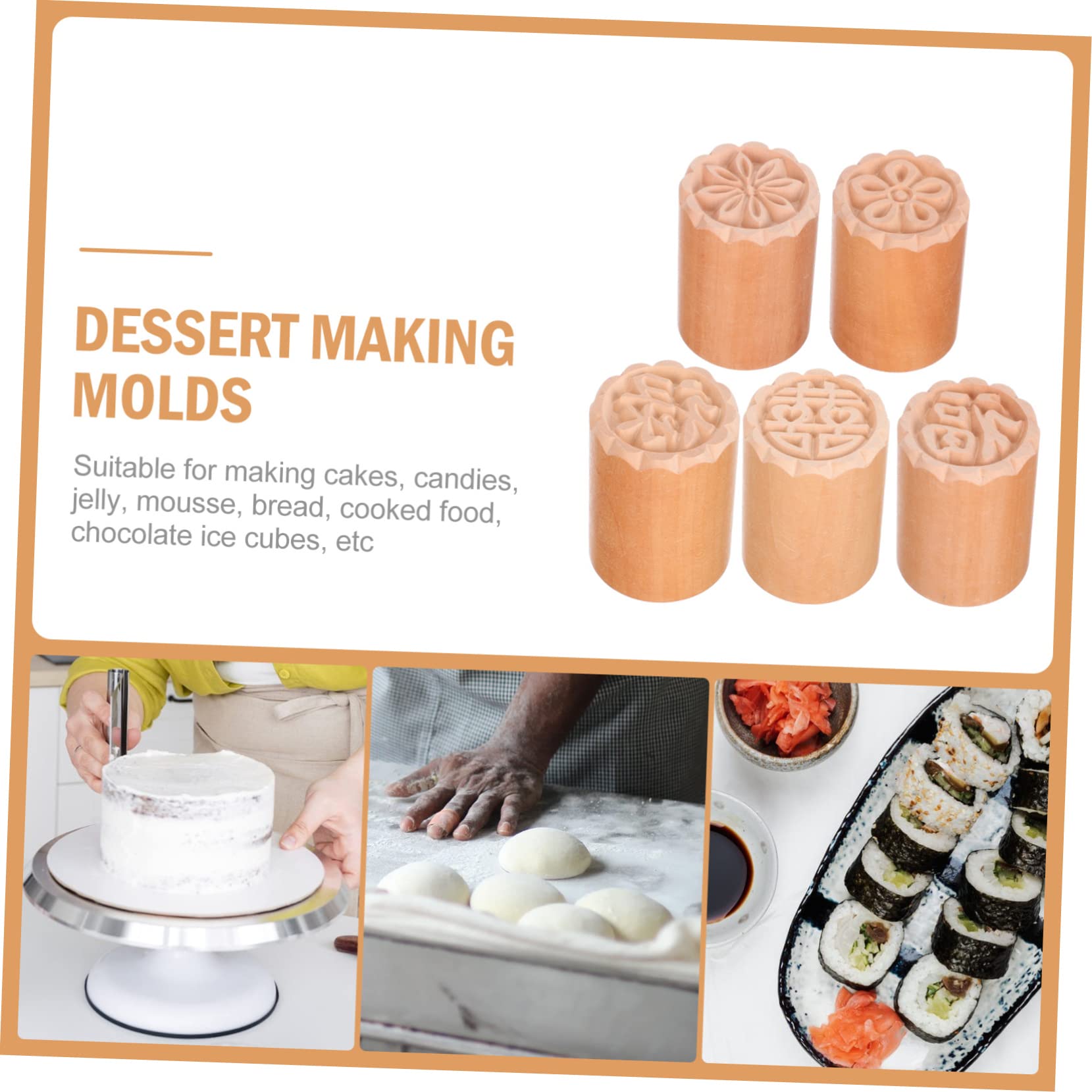 Japanese Sushi Stamp Chocolate Candy Molds - 5pcs Wooden Cookie Cutters for DIY Dessert Decorating, Biscuit Printing, Moon Cake Making - Perfect for Sushi-Themed Parties, Baking Gifts & Asian Dessert Crafts
