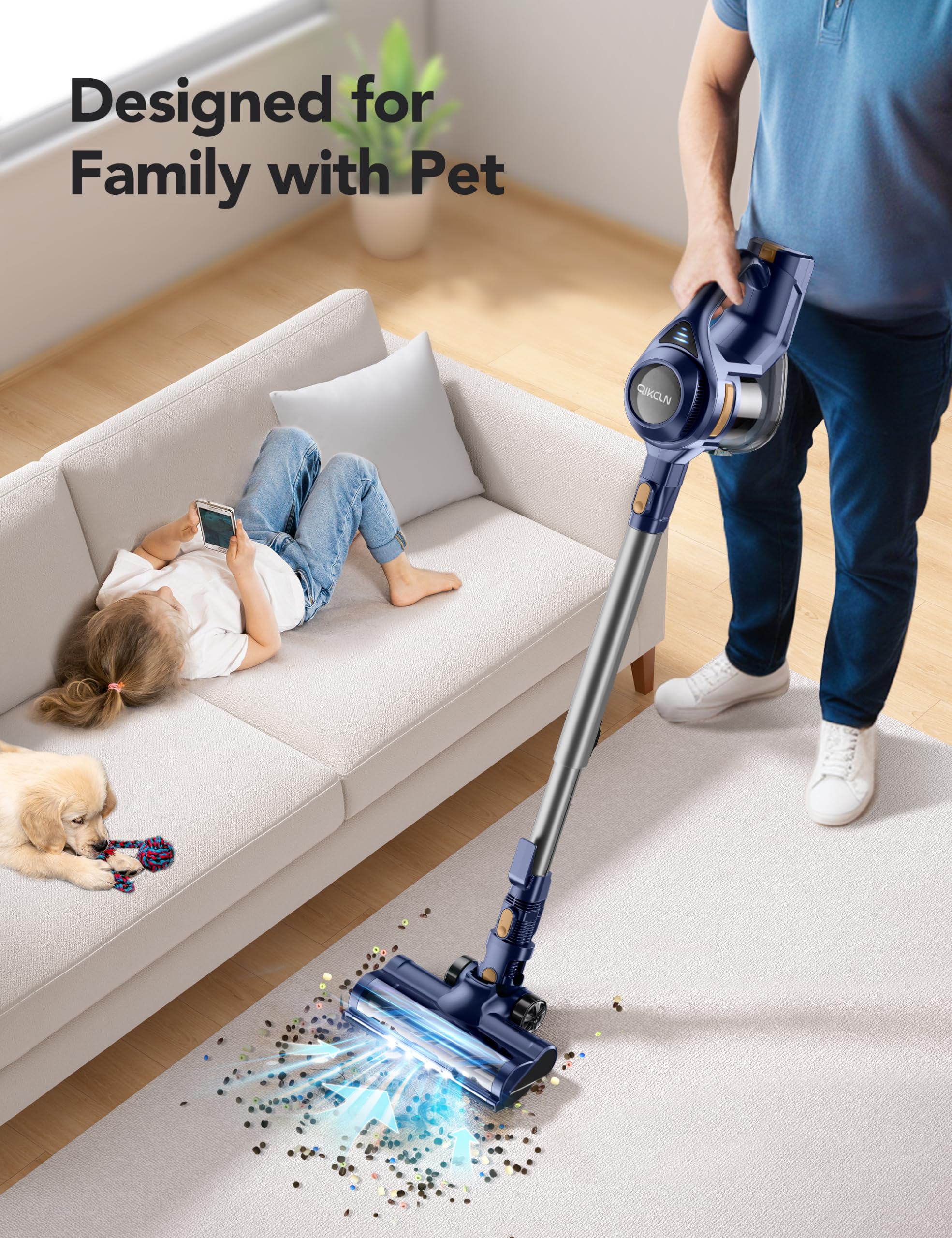 Powerful 23Kpa Cordless Stick Vacuum Cleaner with 1.3L Large Dustbin - 2 Cleaning Modes, 30 Min Runtime for Pet Hair, Hardwood Floors & Carpets | Rechargeable Lightweight Vacuum for Quick Home Cleaning (Blue)