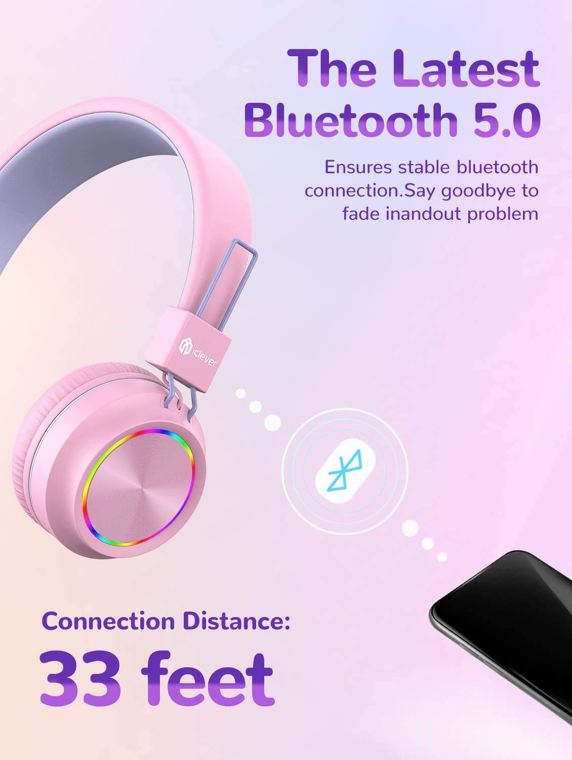 iClever Kids Bluetooth Headphones with Colorful LED Lights, Built-in Mic & Volume Control - Foldable On-Ear Wireless Headphones for Children - Perfect for School, Travel, Online Classes & Gaming