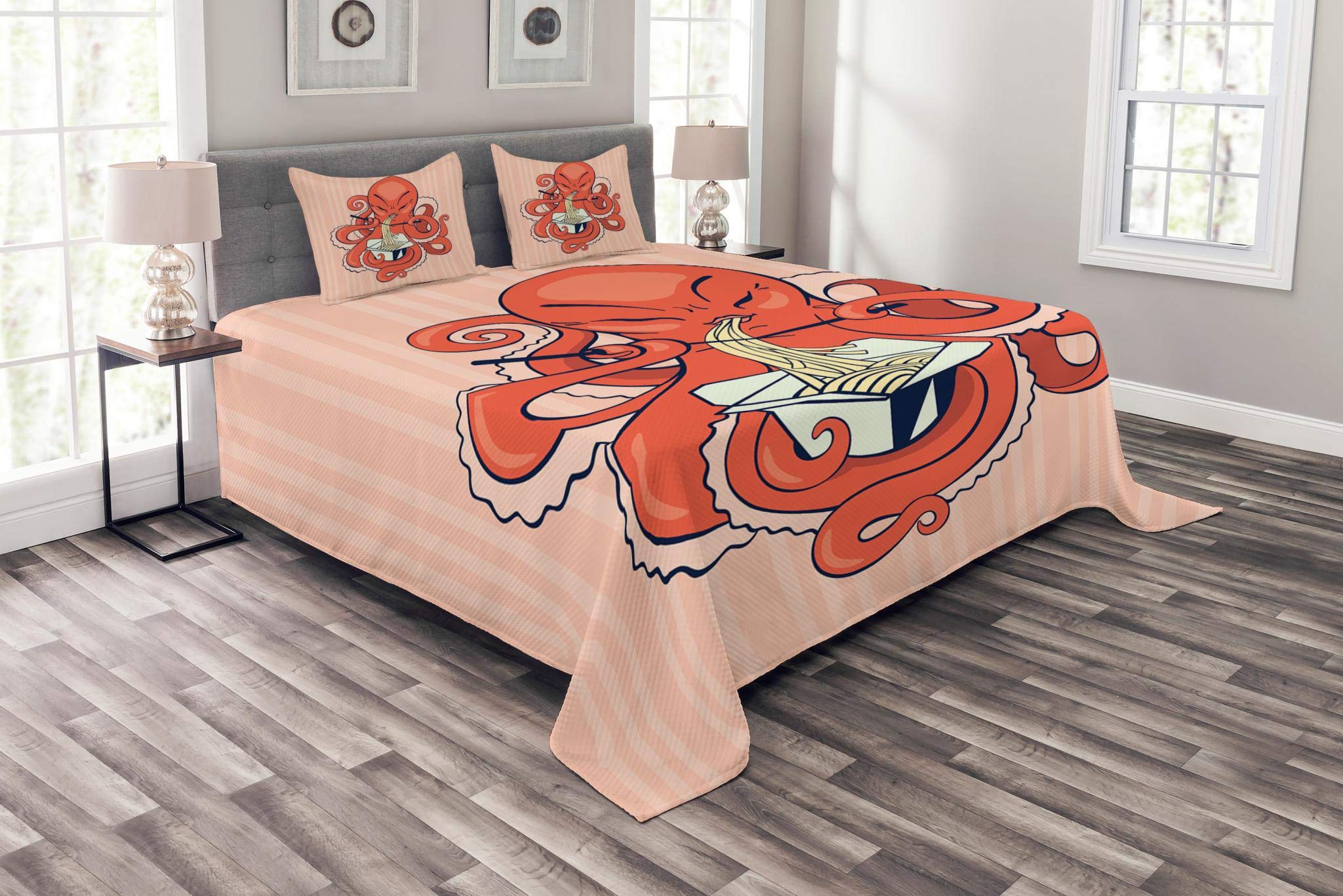 Lunarable King Size Octopus Bedspread Set - 3 Piece Quilted Coverlet with 2 Pillow Shams | Cartoon Octopus Eating Noodles with Chopsticks Retro Design in Orange & Pink | Perfect for Kids' Rooms, Beach Themed Decor, and Unique Gift Ideas