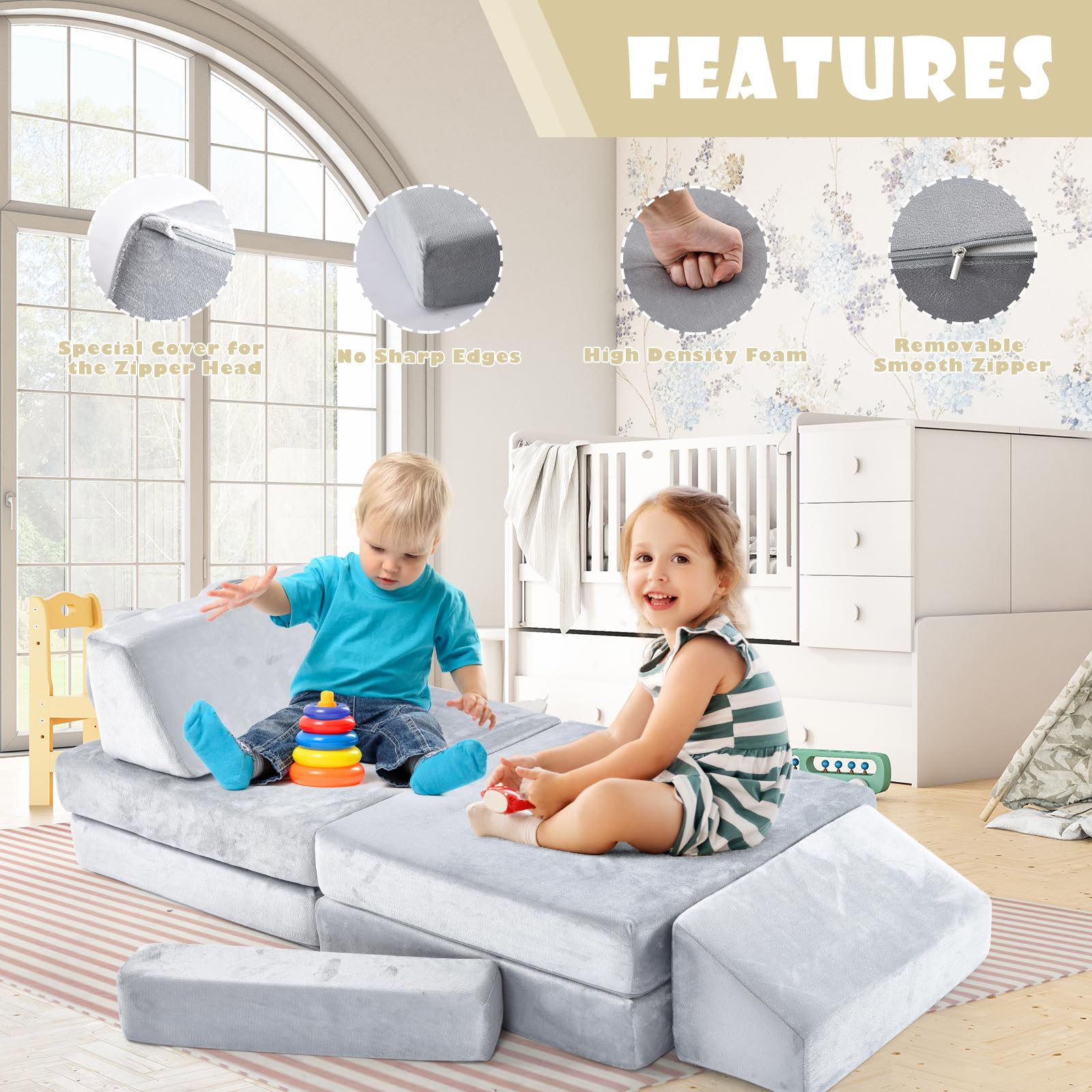 10-Piece Modular Foam Kids Play Couch Set - Convertible Toddler Sofa for Playroom & Bedroom (Grey) | Safe, Durable & Easy to Clean | Perfect for Pretend Play, Reading Nook & Indoor Activities | MSH-032