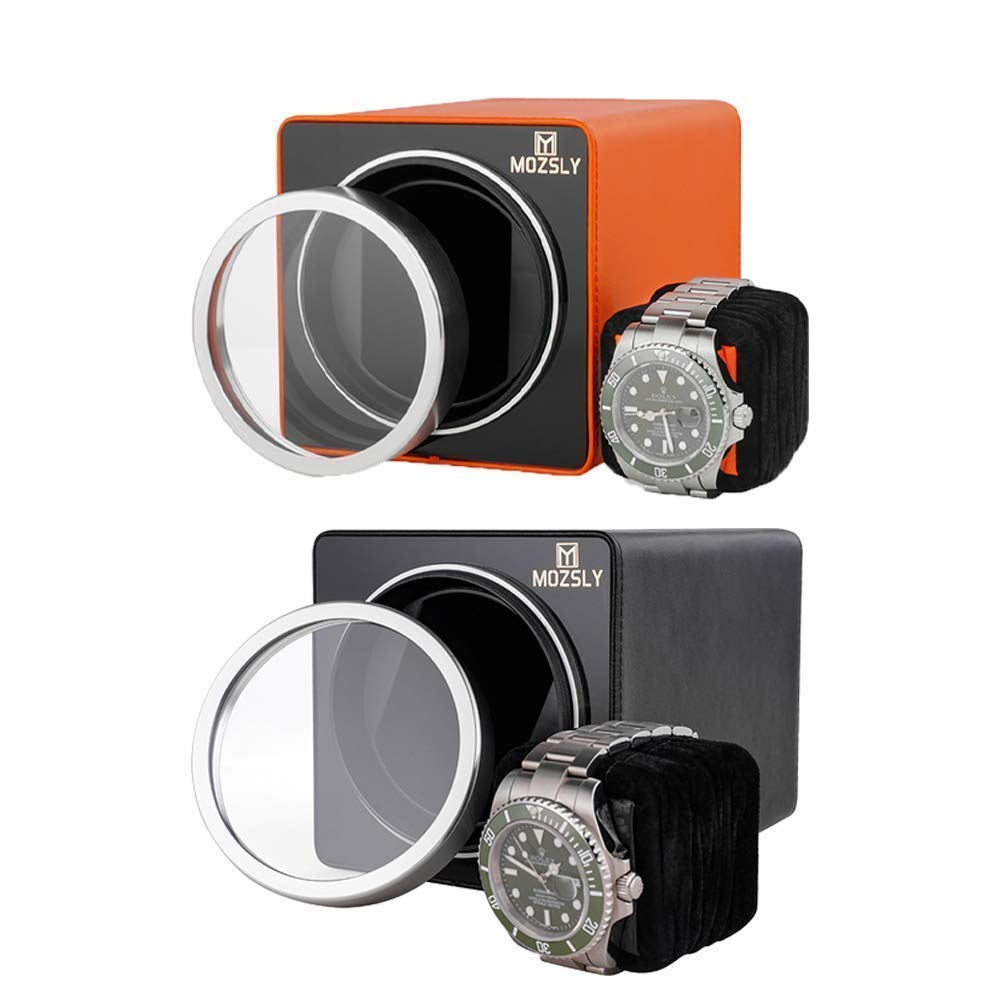 Premium MOZSLY Leather Watch Winder - 12 Rotation Modes for Automatic Watches (Orange & Black) | Perfect for Watch Collectors & Luxury Timepiece Storage at Home/Office
