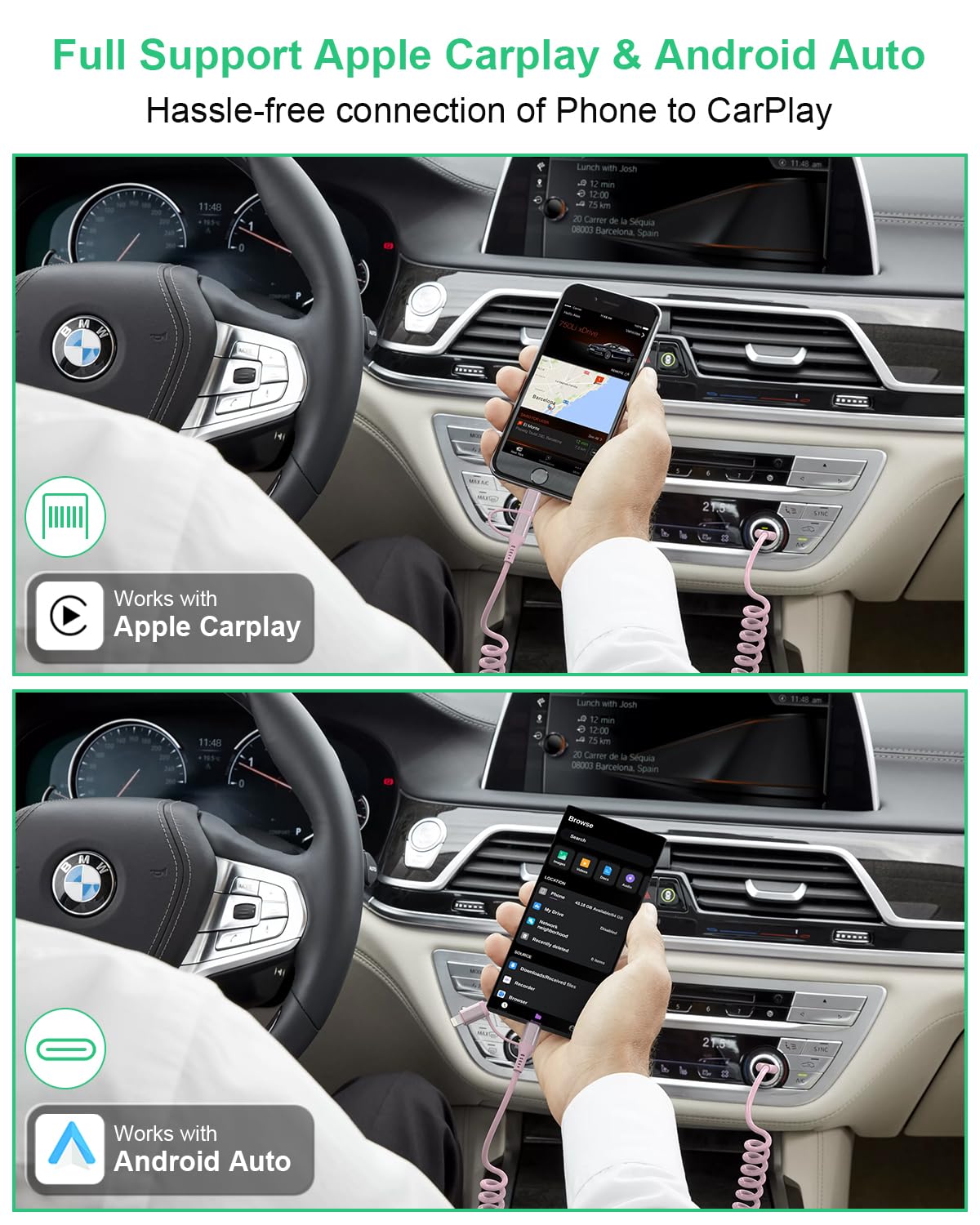Pink Retractable Car Charger Coiled Lightning Cable - 2 in 1 MFi Certified Fast Charging Cable for iPhone & USB C Devices (3A Quick Charge, Data Sync) - Perfect for Apple CarPlay & Android Auto in Cars, Trucks & RVs