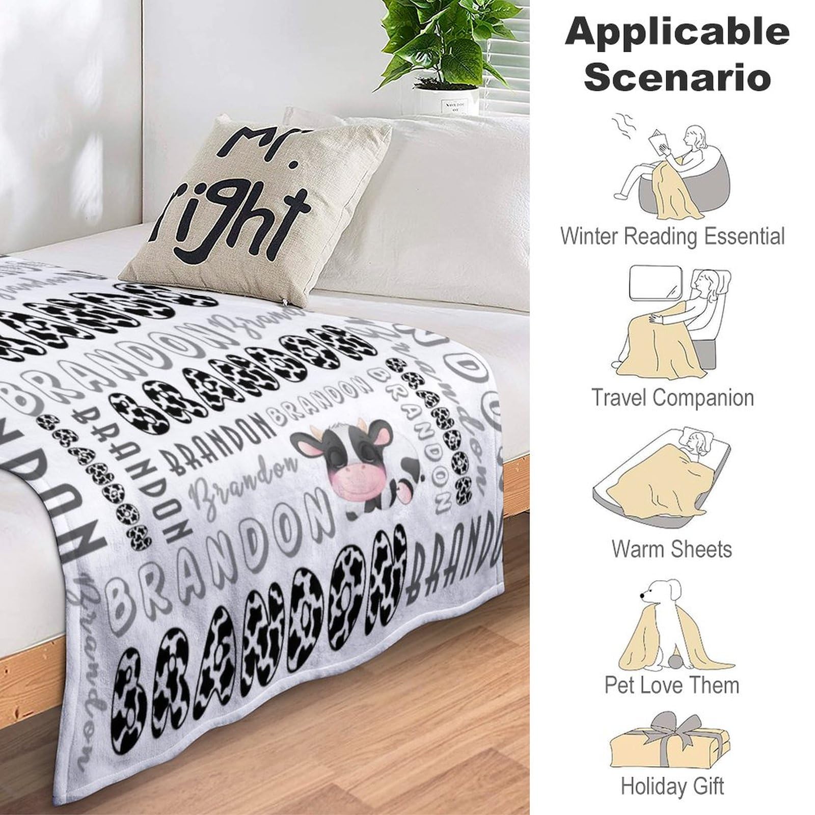 Personalized Cow Print Fleece Blanket with Name - Custom Baby Blanket for Girls & Boys, 40