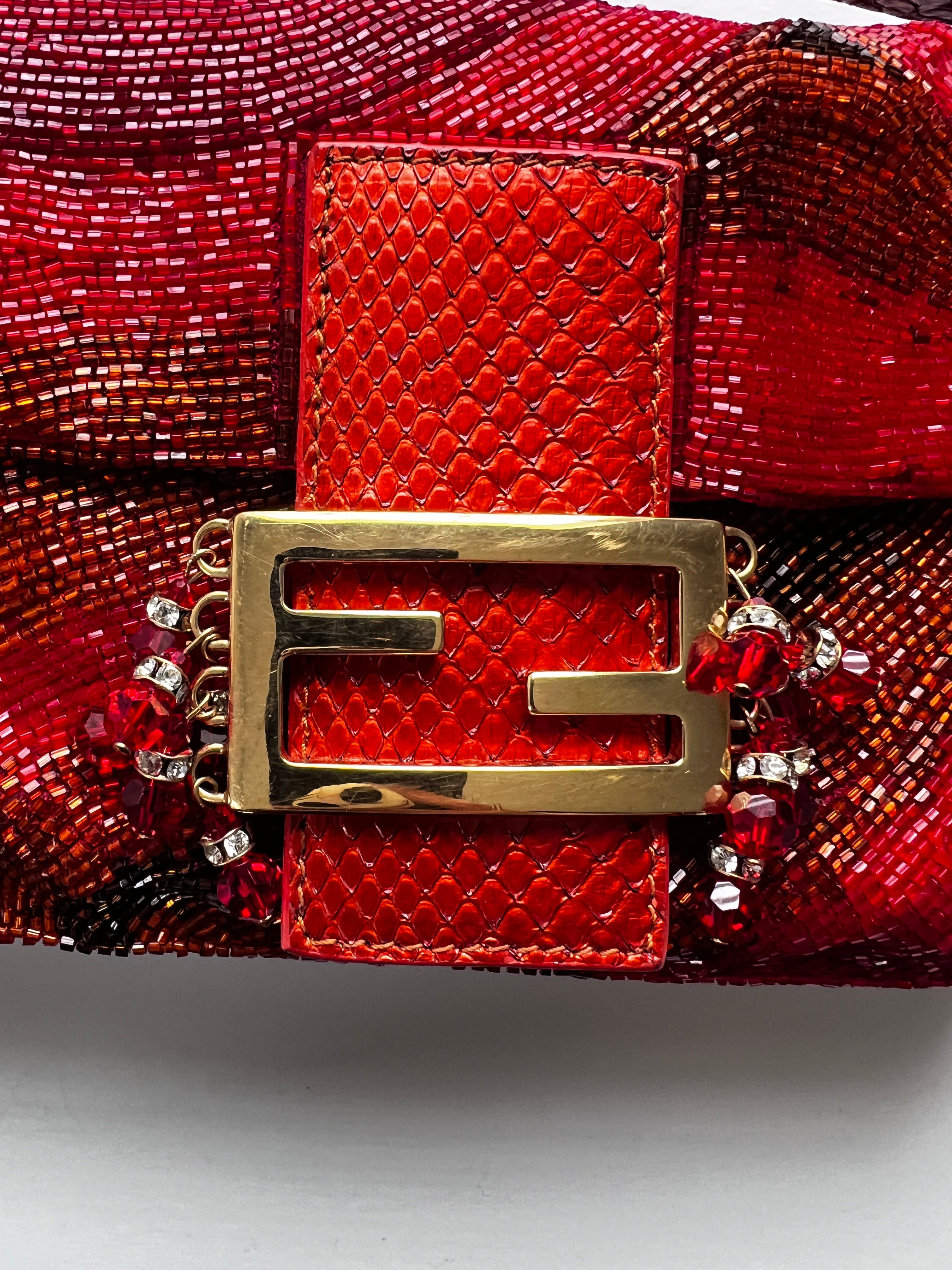 Luxury Fendi Red Beaded Baguette Bag with Crystal Charms - Perfect for Evening Parties, Weddings & Special Occasions