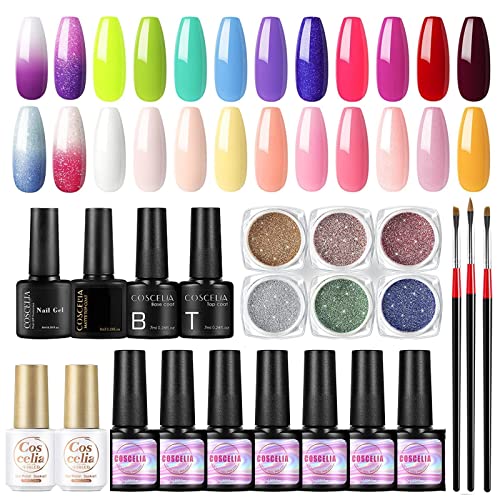 24Pcs Gel Nail Polish Set with Top & Base Coat - Nail Art Brushes & Glitter Powder - Professional Salon Quality - Perfect Gift for Women - DIY Manicure & Pedicure at Home - Great for Parties, Weddings & Special Occasions