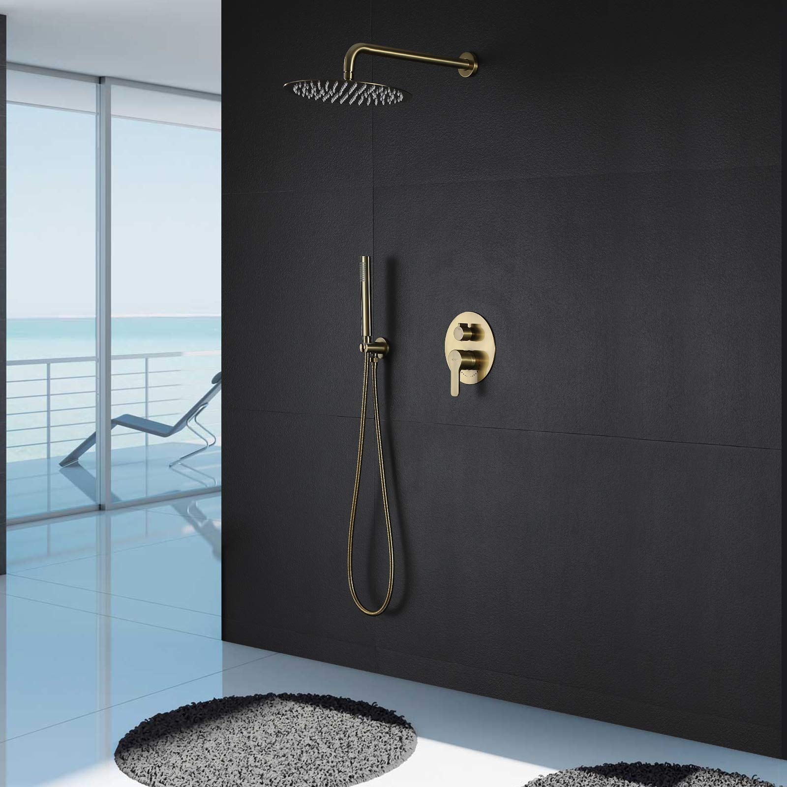 TIPOK Brushed Gold Shower System - 10 Inch Rainfall Shower Head with Handheld Sprayer | High Pressure Gold Shower Faucet Set with Pressure Balance Brass Valve | Perfect for Luxurious Bathroom Renovations & Spa-Like Shower Experience
