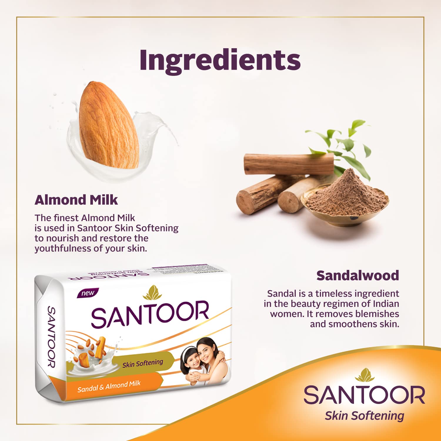 Santoor Sandal and Almond Milk Soap - Moisturizing & Exfoliating Bar (Pack of 2, 125g Each) | Buy 4 Get 1 Free | Perfect for Dry Skin & Daily Body Cleansing