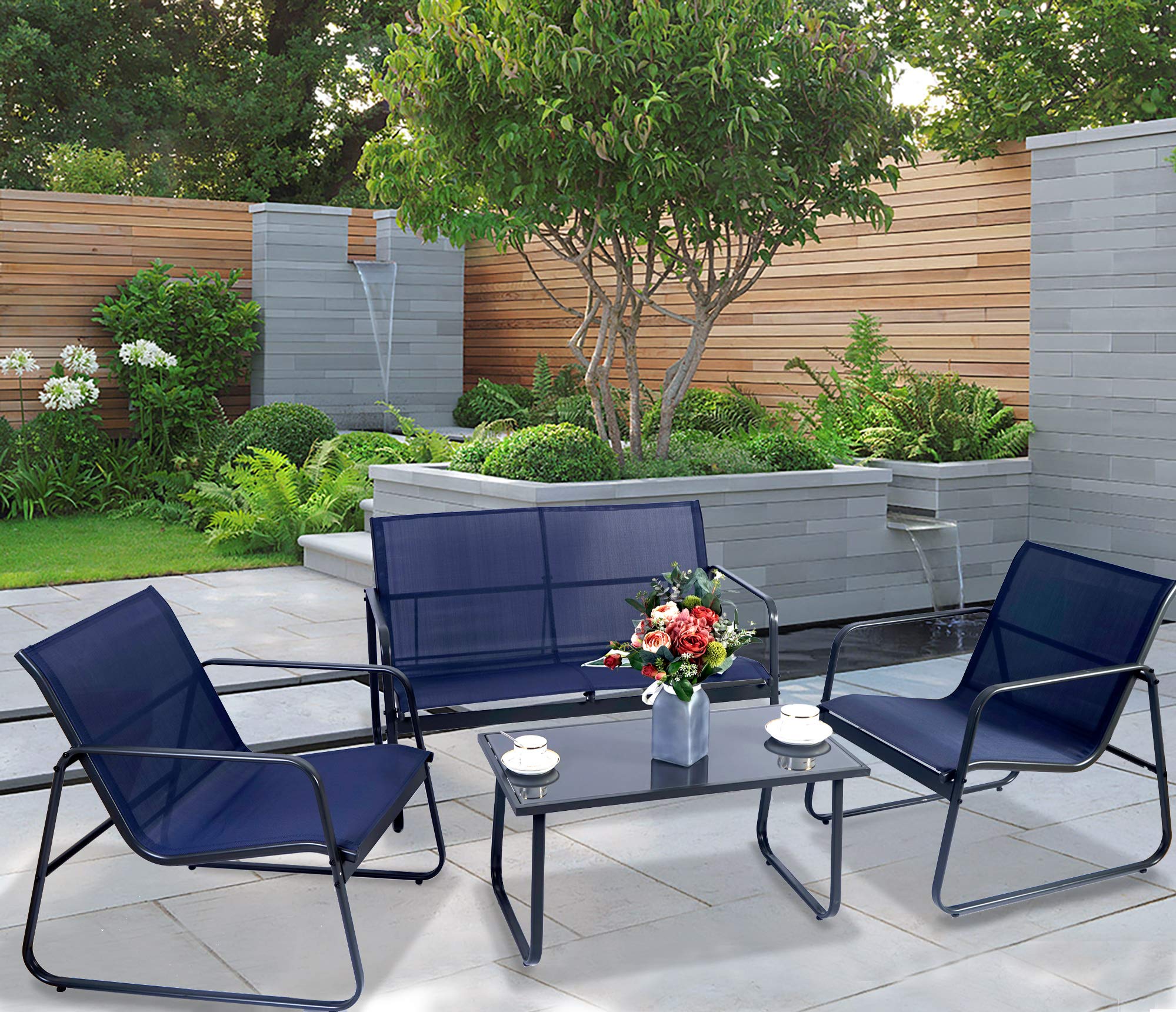 Kozyard Sofia 4-Piece Outdoor Patio Furniture Set - Powder Coated Metal Frame with 1 Loveseat, 2 Chairs & Table for Porch, Balcony, Backyard (Navy Blue) - Perfect for Relaxing, Entertaining & Outdoor Dining
