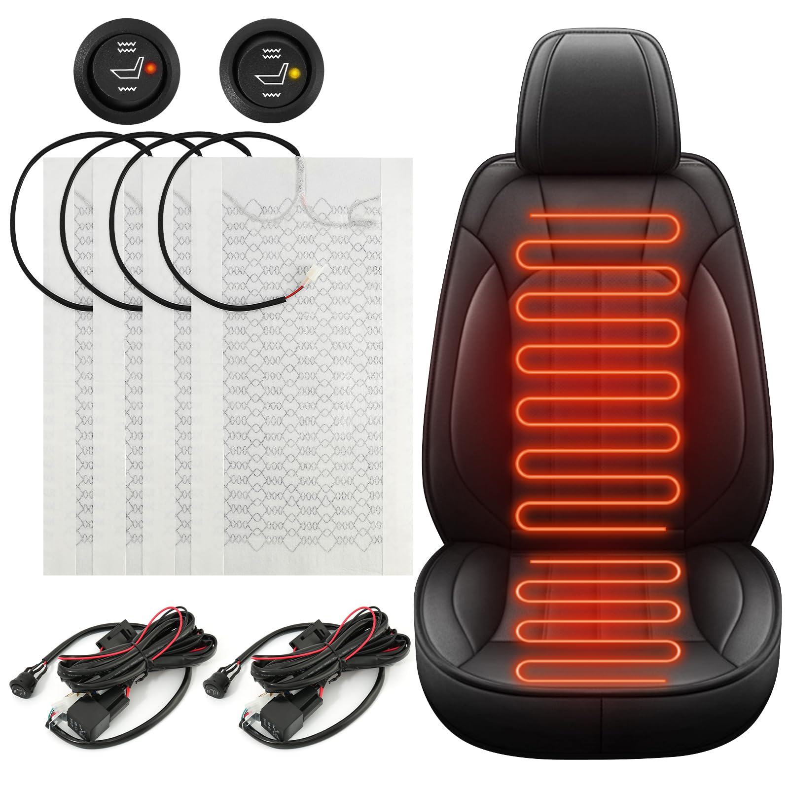 4PCS Universal Heated Seat Covers Kit with 2-Level Round Switch - Full Back & Seat Warmers for Cars, Trucks, SUVs, RVs | Perfect for Winter Driving & Cold Weather Comfort