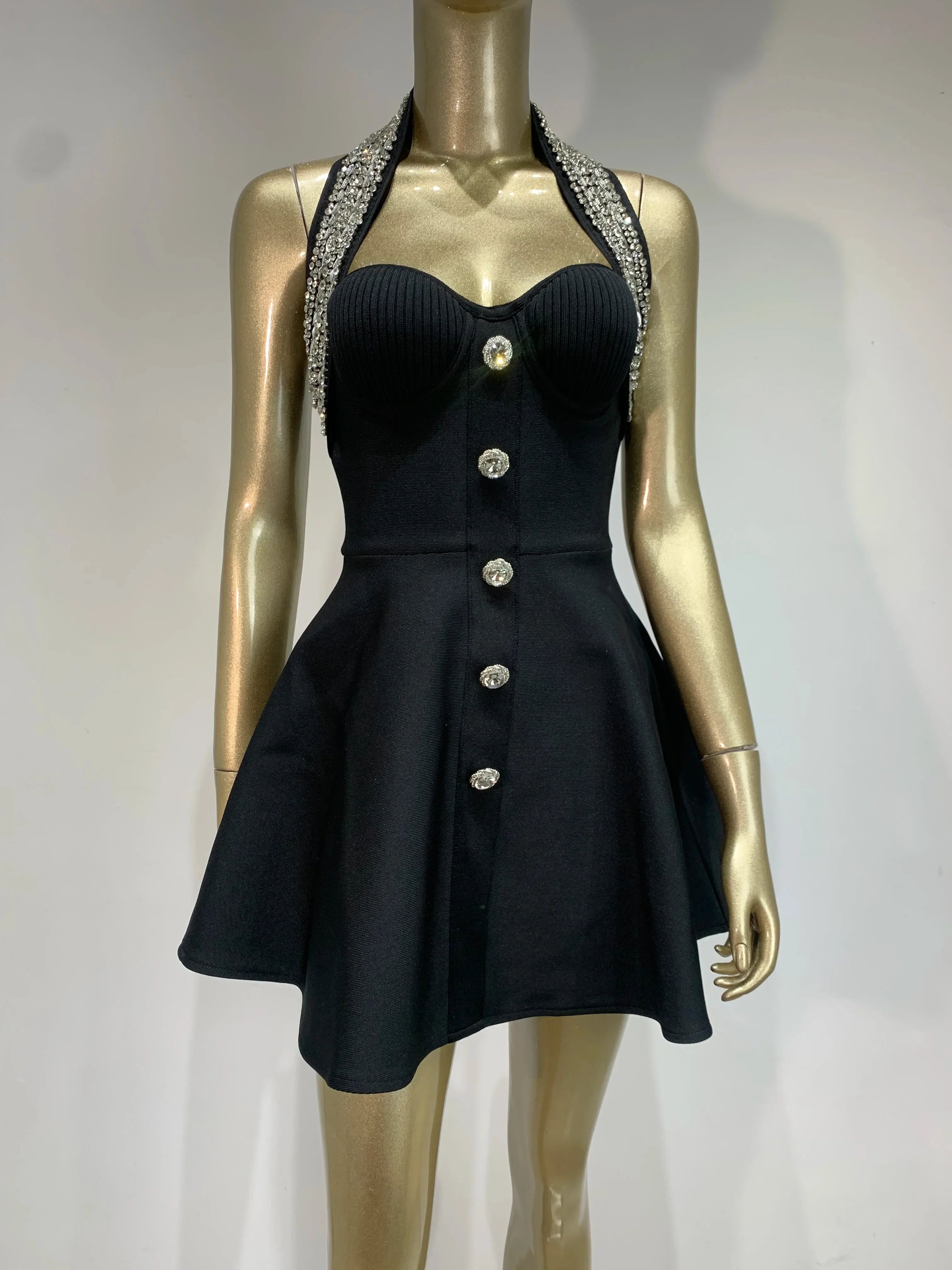 Sexy Black Bandage Dress for Women - Backless Halter Beading A-Line Pleated Bodycon Evening Gown | Perfect for Club Parties, Date Nights & Celebrity Events