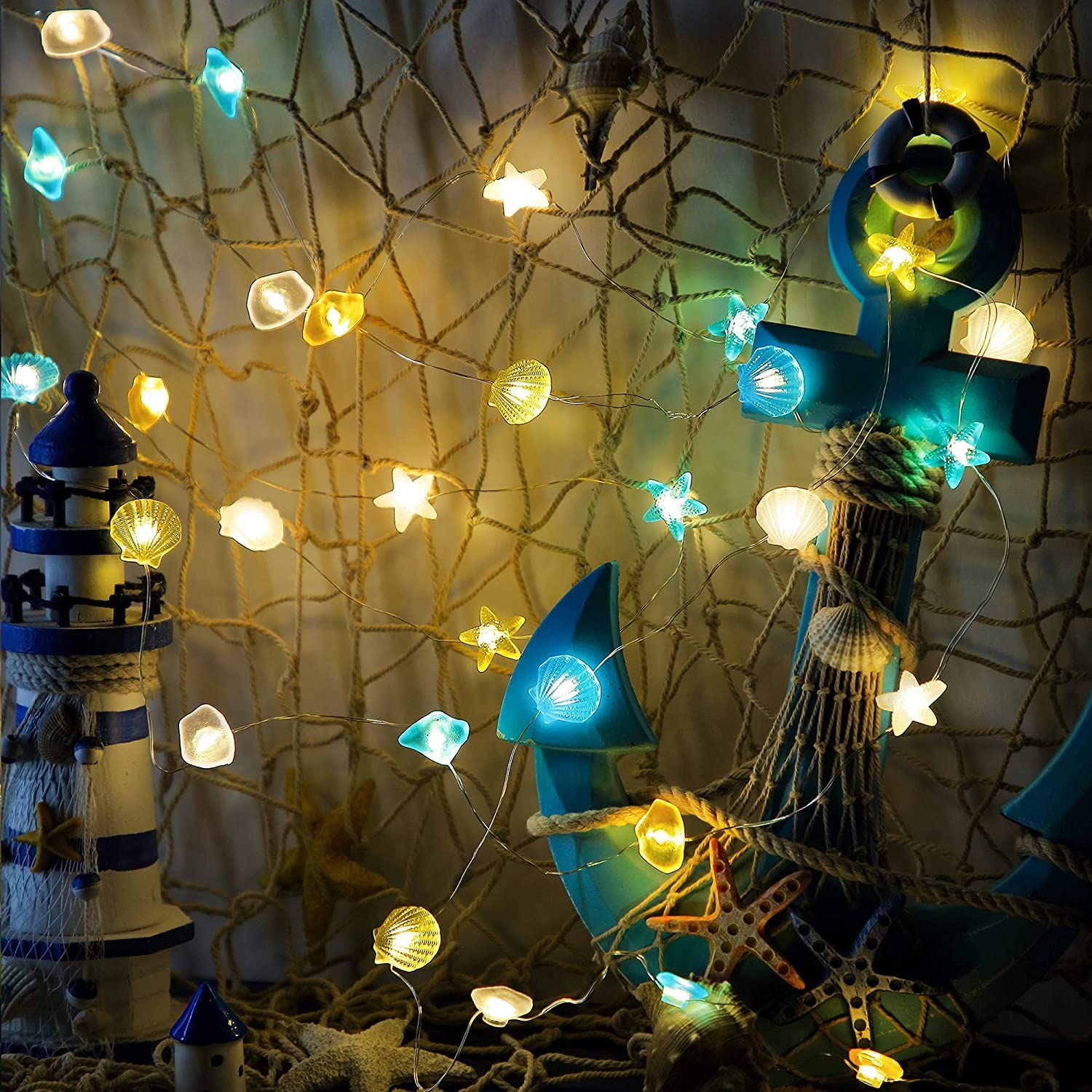 Ocean Themed Fairy String Lights - 10 FT 30 LED Battery Operated Decorative Lights with Starfish & Seashell Design, 8 Lighting Modes for Summer Room Decor, Beach Party, Bathroom, Nursery, Outdoor Patio & Wedding Decorations