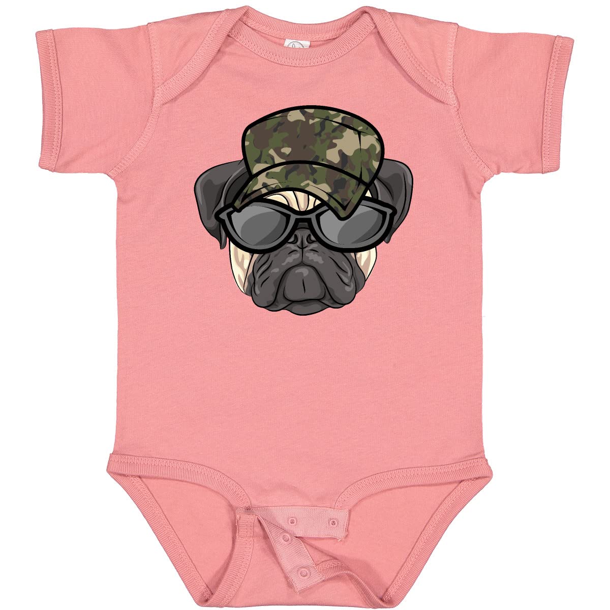 Inktastic Funny Pug Dog Camo Military Hat & Baby Bodysuit - Cute Puppy Outfit for Boys Girls, Military-Themed Baby Shower Gift, Casual Wear & Photo Props