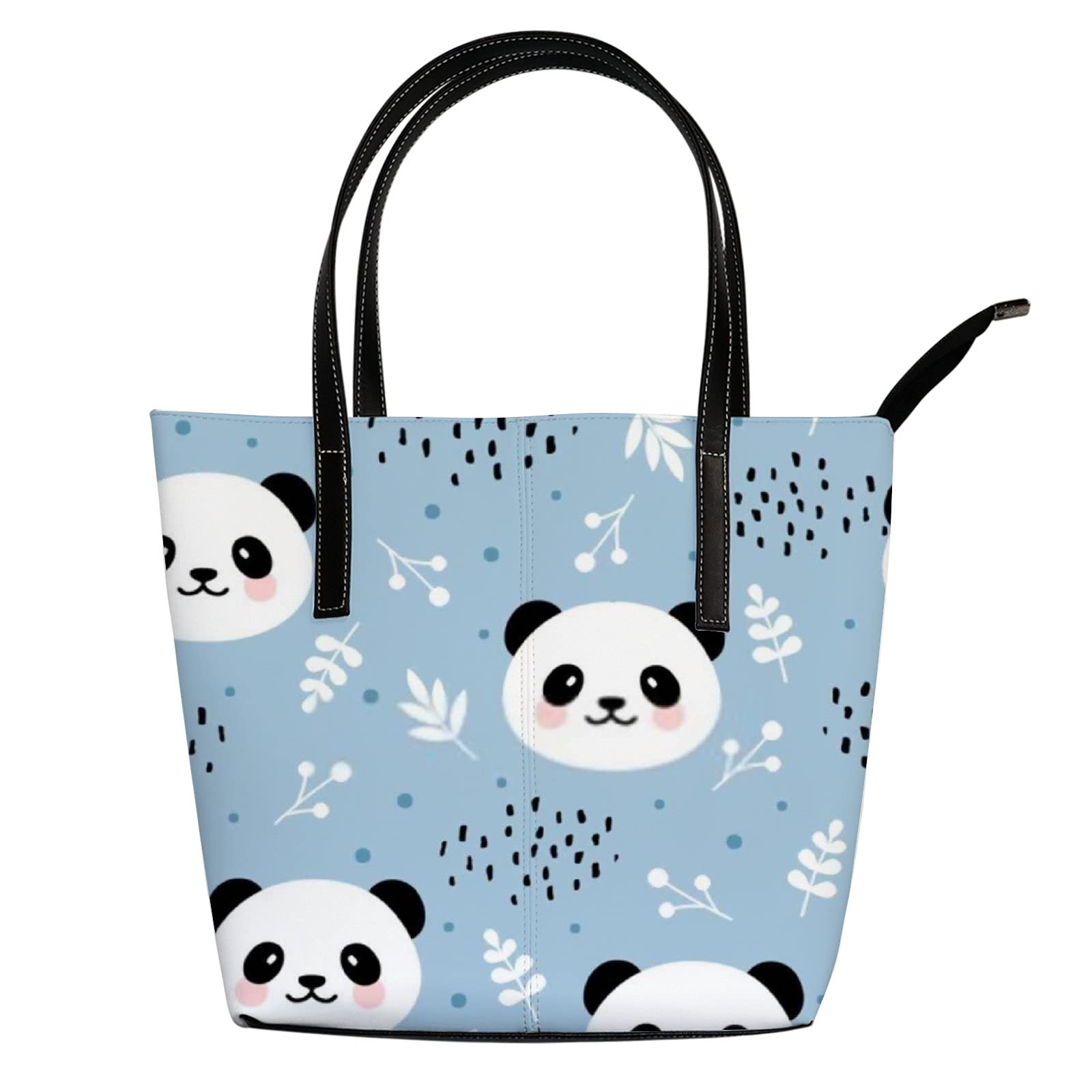 Cute Cartoon Panda & Dots Leather Tote Bag for Women - Blue Black & White Crossbody Handbag with Zipper | Stylish Work Bag, Travel Purse & Everyday Carryall