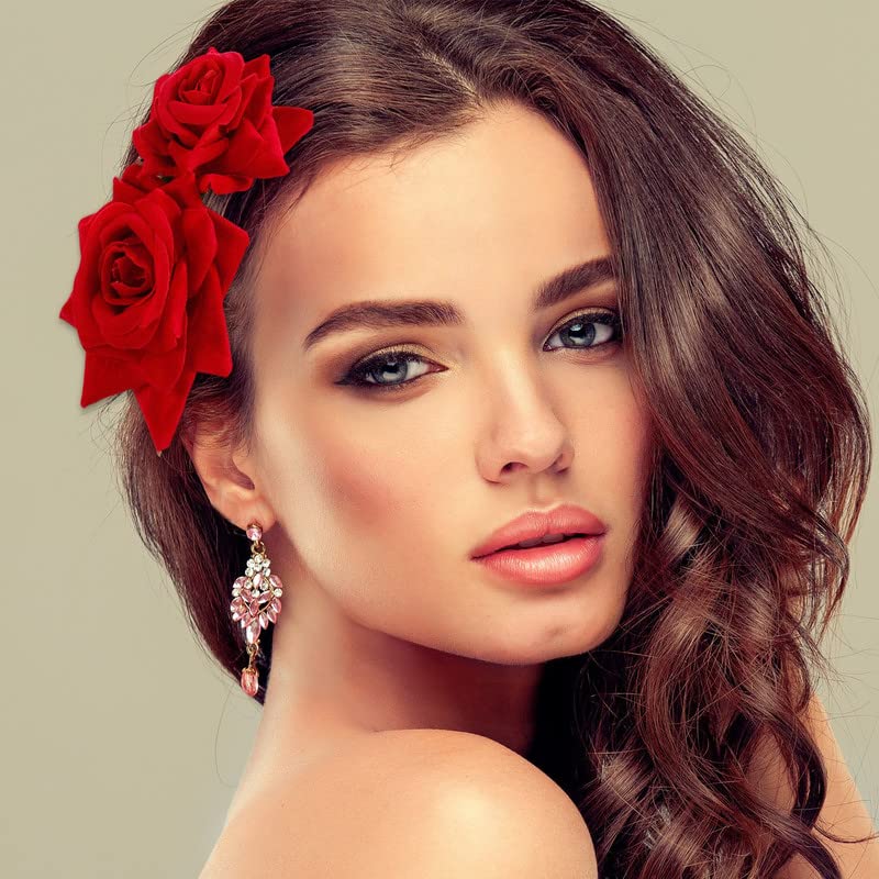 BELICIA 2 Pack Dark Red Rose Flower Hair Clips for Women - Elegant Wedding Hair Accessories, Flamenco Dancer Hairpins (Perfect for Bridal, Prom, Party & Special Occasions)