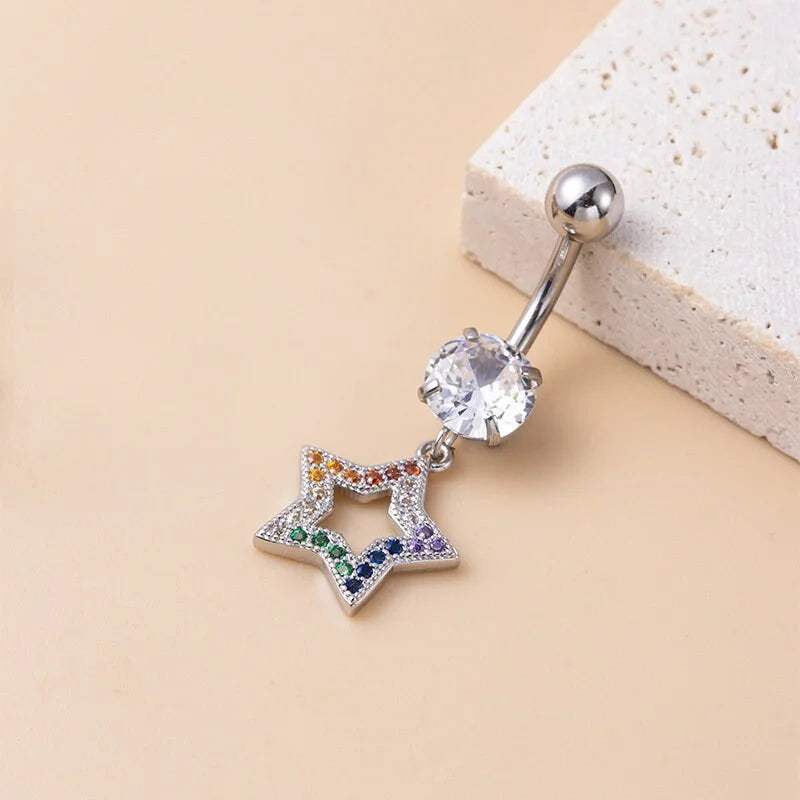 14G LGBT Star Heart Dangle Belly Ring - Surgical Steel Top Mount Piercing Jewelry for Women - Perfect for Pride Events, Parties & Body Piercing Enthusiasts