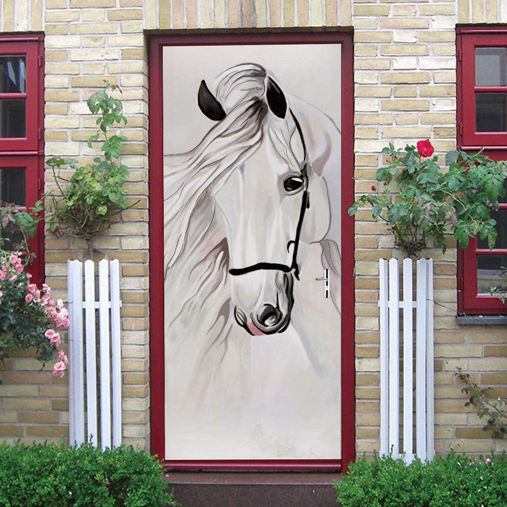 LGWERT White Horse Halloween Door Stickers - 30 Pack 3x78.7 Inch Embossed Floral PVC Wall Decals, Self-Adhesive Animal Wallpaper for Living Room & Bedroom Decor | Perfect for Halloween Party, Home Renovation, and Nursery Room Decoration