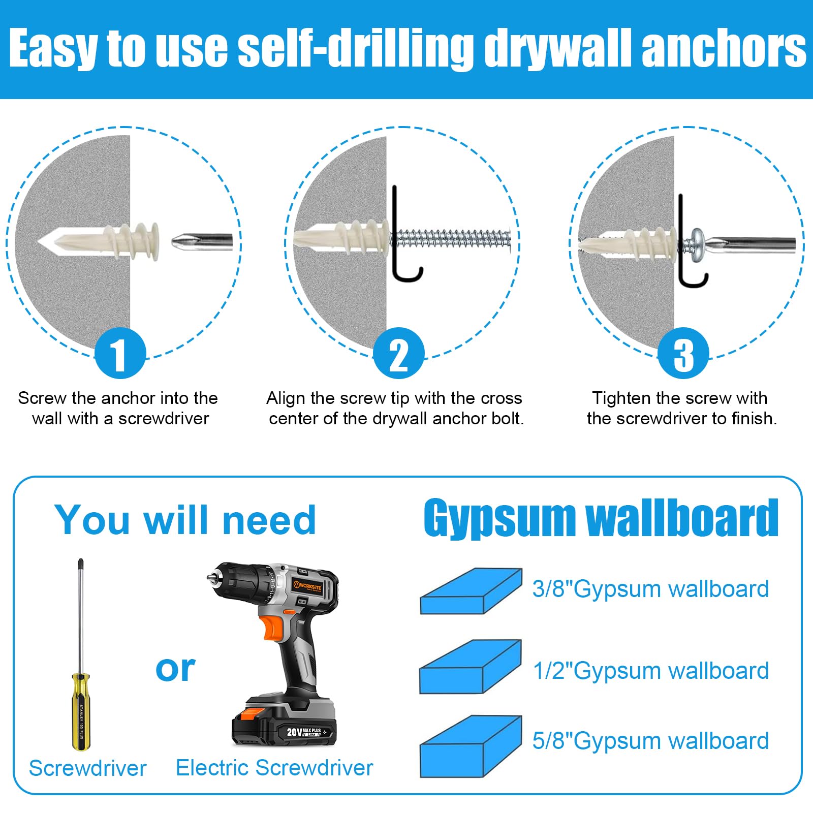 50 Pcs Self-Drilling Drywall Anchors with Screws - Heavy Duty Nylon Sheetrock Anchors for Hanging Pictures, Shelves & Mirrors (#8 x 1.3