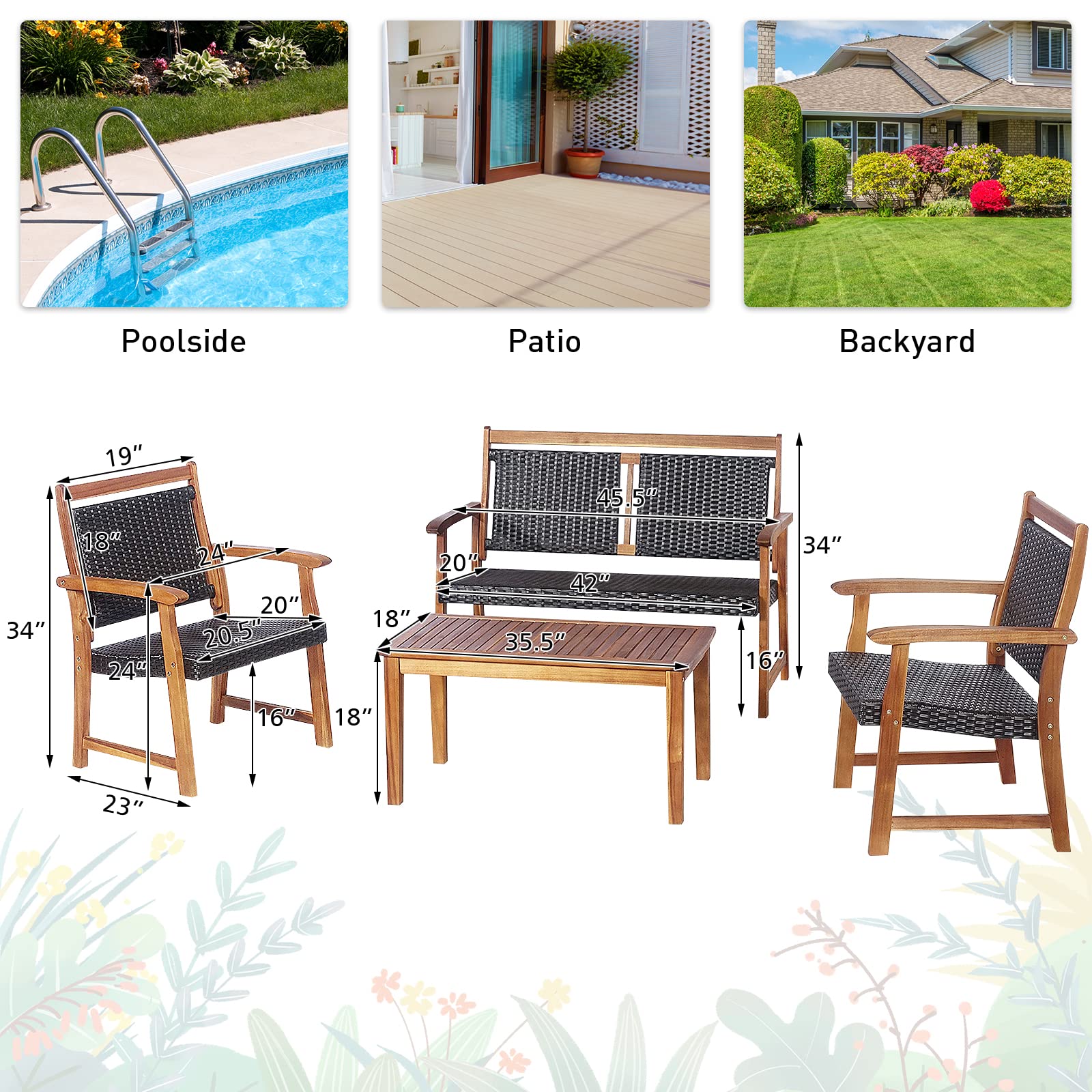 Tangkula 4-Piece Outdoor Patio Furniture Set - Rattan Wicker Conversation Set with Acacia Wood Frame, Waterproof Sectional Sofa with Chairs & Coffee Table for Garden, Backyard, Poolside, Deck or Patio - Perfect for Relaxing, Entertaining and Outdoor Gatherings