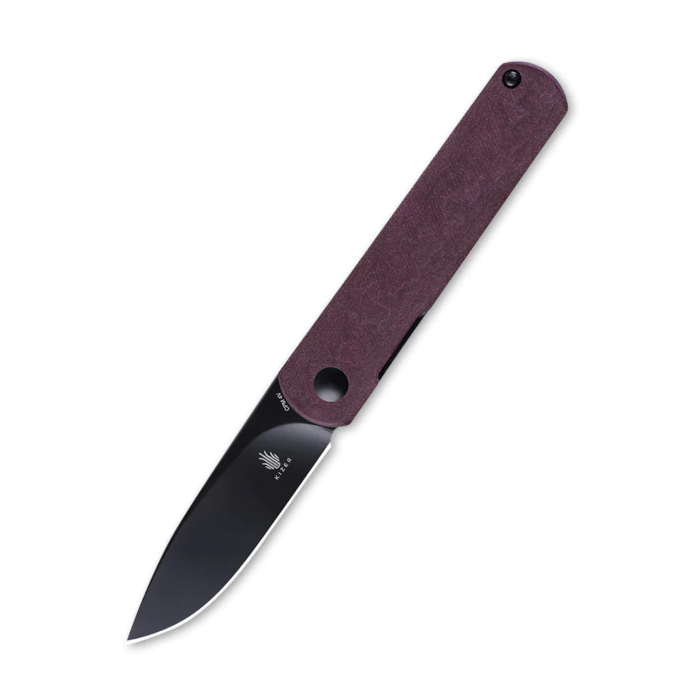 Kizer Feist Ki3499R3 Folding Pocket Knife - Black Drop Point Blade & Red Richlite Handles - EDC Knife for Camping, Hiking and Outdoor Activities