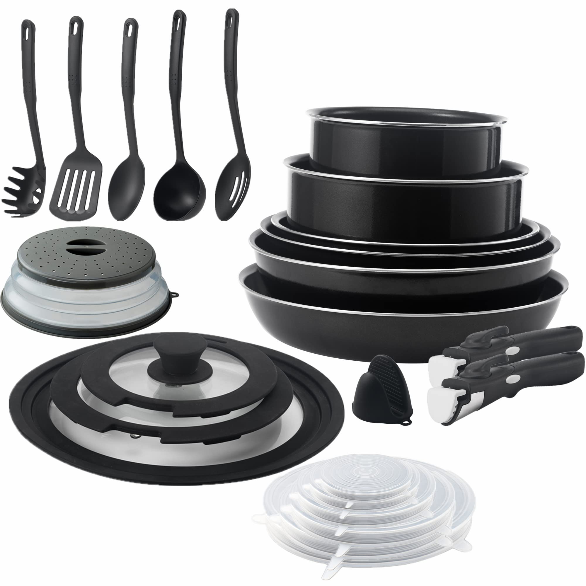 24-Piece Non-Stick Stackable Cookware Set with Removable Handles & Collapsible Microwave Lids - Induction Compatible, Dishwasher Safe - Perfect for Meal Prep, RV Camping & Small Kitchen Spaces