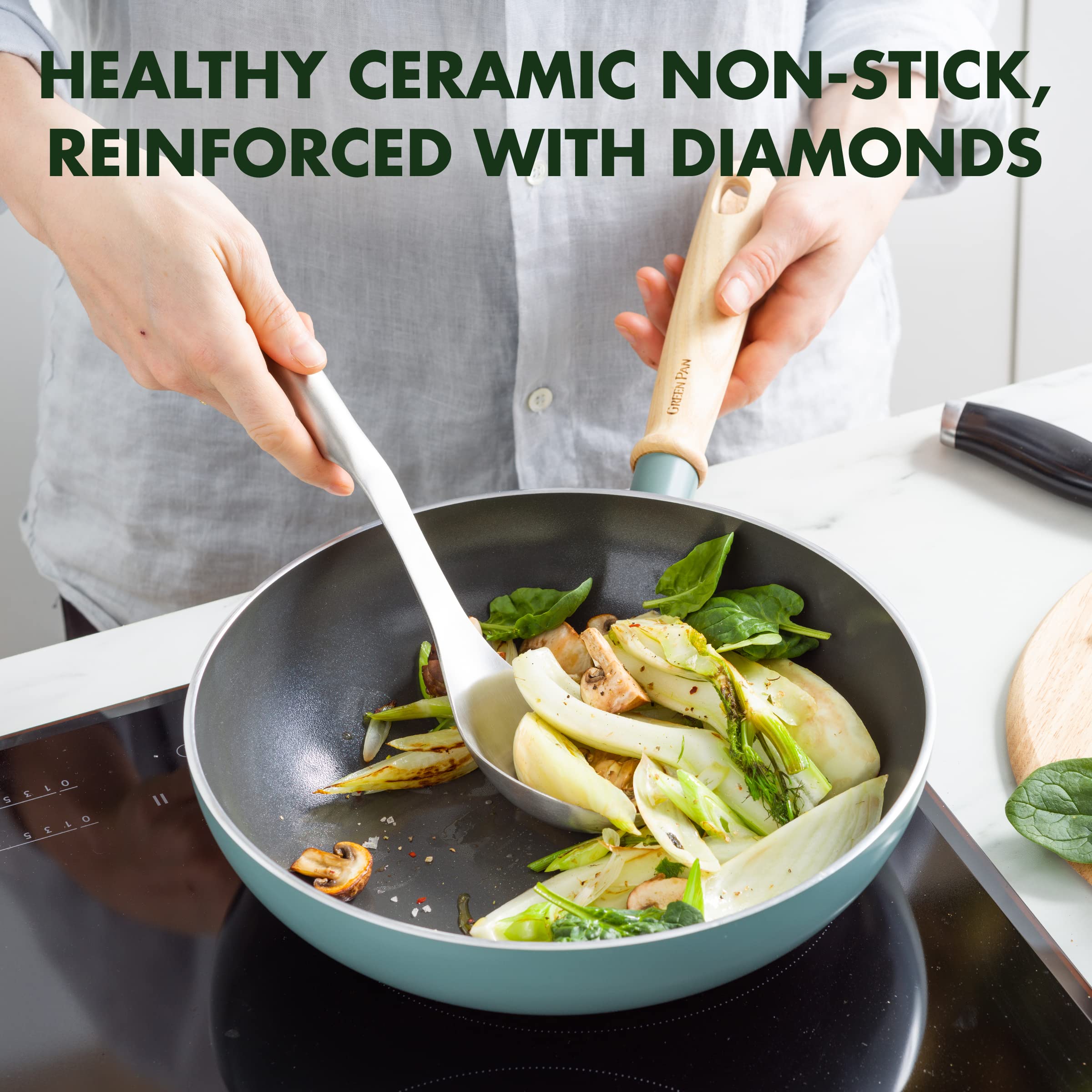 GreenPan Mayflower 28cm/3.7L Non-Stick Ceramic Wok Pan with Vintage Wooden Handle - PFAS-Free, Induction Compatible, Smoked Blue - Perfect for Stir-Frying, Sautéing & Asian Cooking