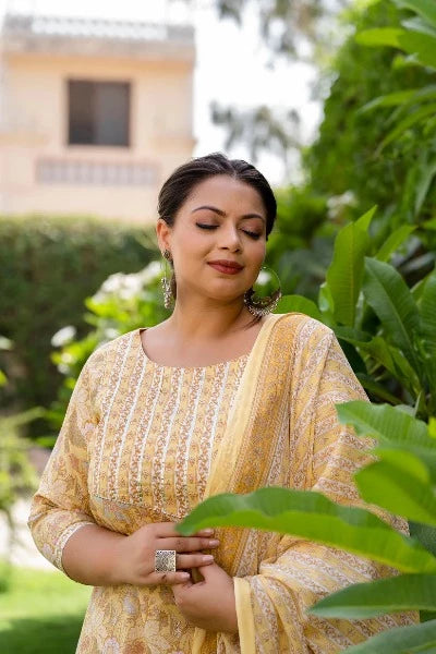 Plus Size Light Yellow Cotton Printed Ready-Made Salwar Suit for Women | Comfortable Ethnic Wear for Festivals, Weddings & Special Occasions