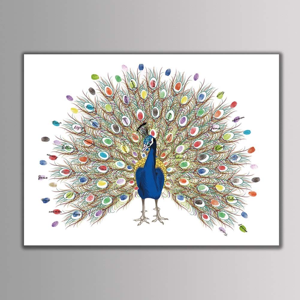 Unibell Fingerprint Tree Canvas for Wedding Guest Book - Personalized Thumbprint Signature Keepsake with Ink (6# Peacock) | Perfect for Wedding Receptions, Anniversaries & Family Events