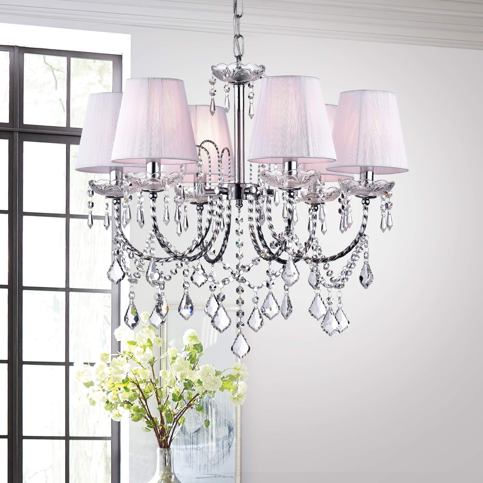 Modern White Chandelier - Crystal & Metal Ceiling Light Fixture for Dining Room, Bedroom & Living Room | Energy Efficient LED Lighting | Elegant Contemporary & Transitional Design