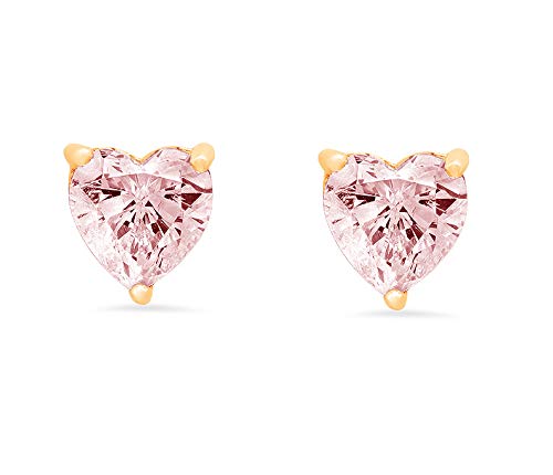 0.94cttw Heart Cut Solitaire Pink Simulated Diamond Stud Earrings - 14k Yellow Gold Push Back Fine Jewelry - Perfect for Anniversary Gifts, Valentine's Day & Romantic Occasions