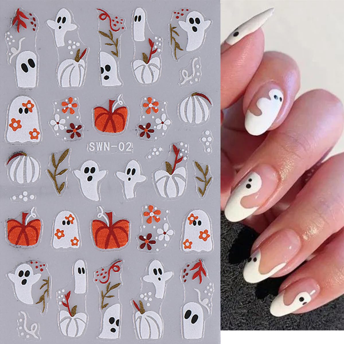 3D Halloween Nail Stickers for Women - Cute Ghost, Pumpkin & Spider Web Designs - Self-Adhesive Nail Art Decals for DIY Halloween Party Nails (6Pcs) - Perfect for Costume Parties, Trick-or-Treating & Spooky Nail Art