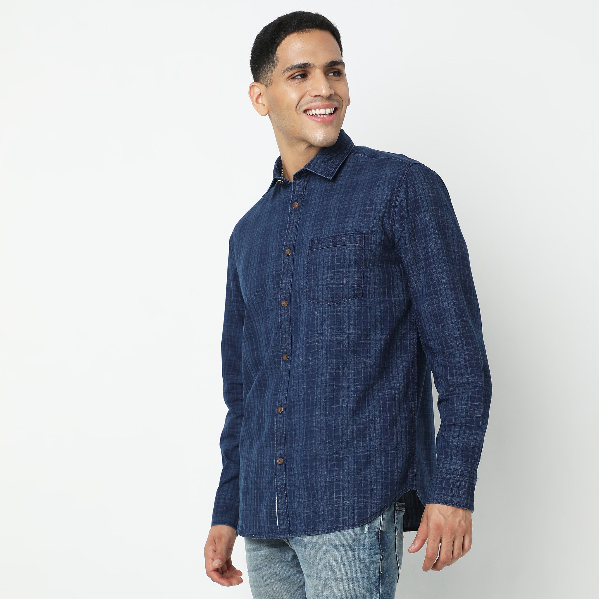 Cruiser™ Authentic Indigo Regular Fit Checkered Denim Shirt for Men | Classic Casual Wear for Everyday Outfits & Outdoor Adventures
