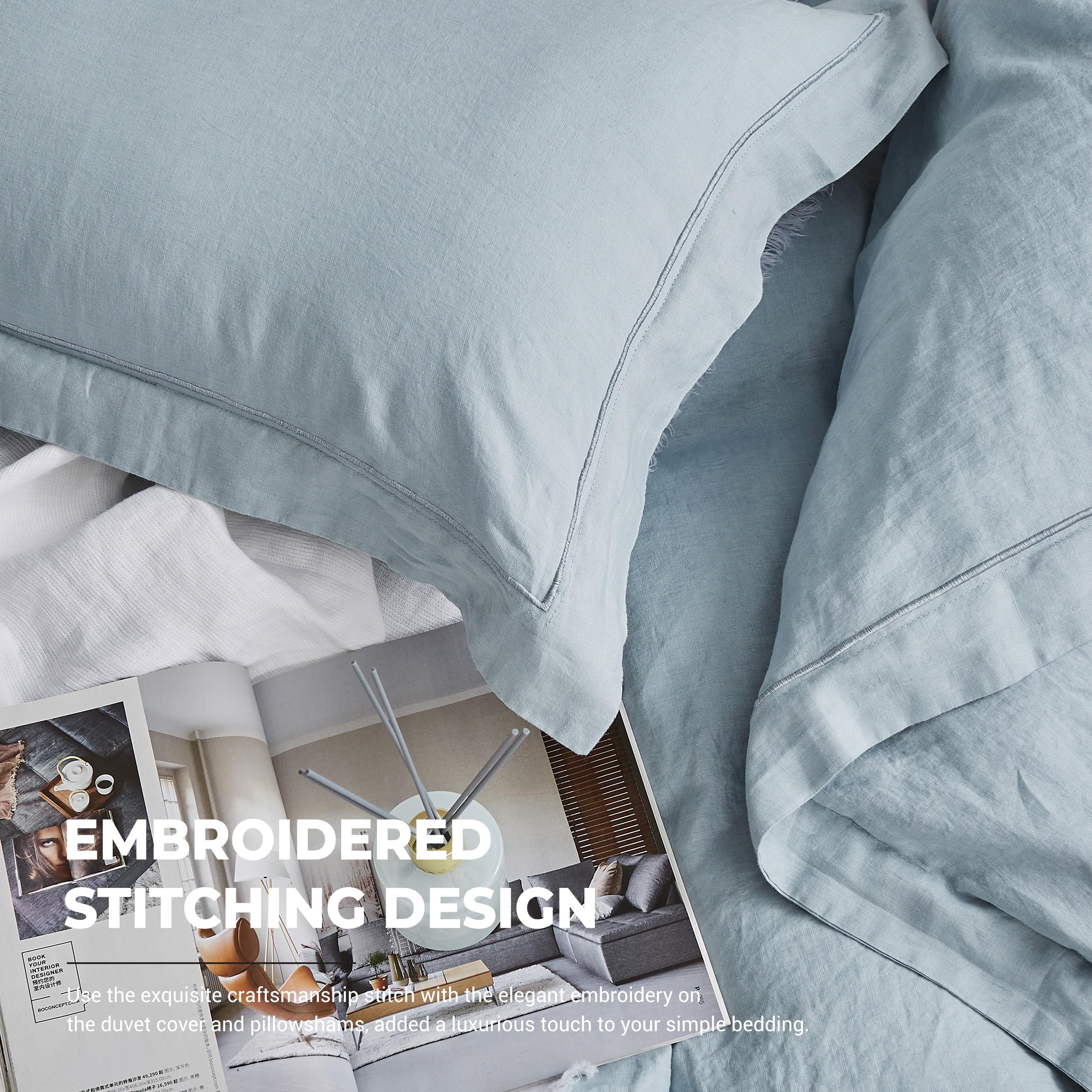 Luxury 100% Washed Linen Duvet Cover Set - Queen Size 88x92 Inches - 3 Piece Farmhouse Bedding with Embroidered Design & Button Closure - Includes 1 Duvet Cover + 2 Pillow Shams - Dusty Blue - Perfect for Master Bedroom, Guest Room & Cozy Farmhouse Decor