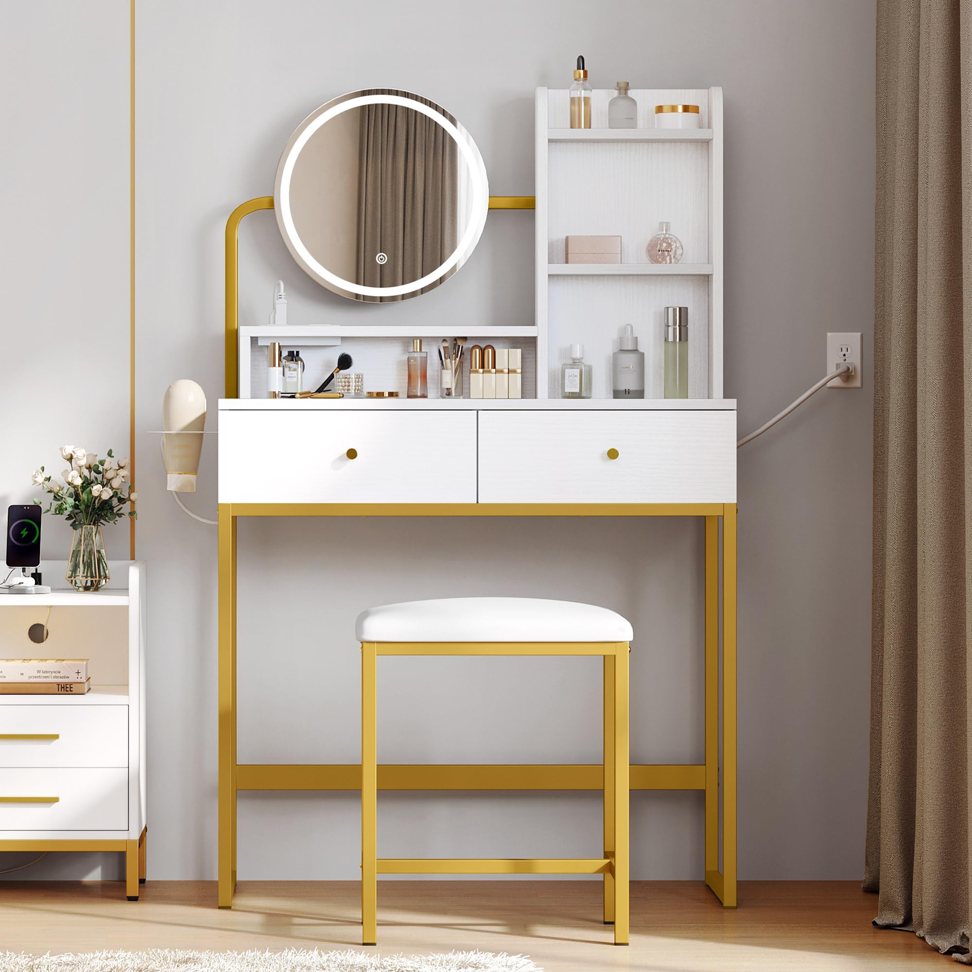 DWVO White LED Makeup Vanity Desk with Adjustable Lighted Mirror, Vanity Set with USB Charging Station & Storage Drawers - Compact Dressing Table for Small Spaces with 3 Lighting Modes & Included Chair - Perfect Gift for Women & Girls | Ideal for Bedroom Decor, Home Makeup Studio & Beauty Room Organization