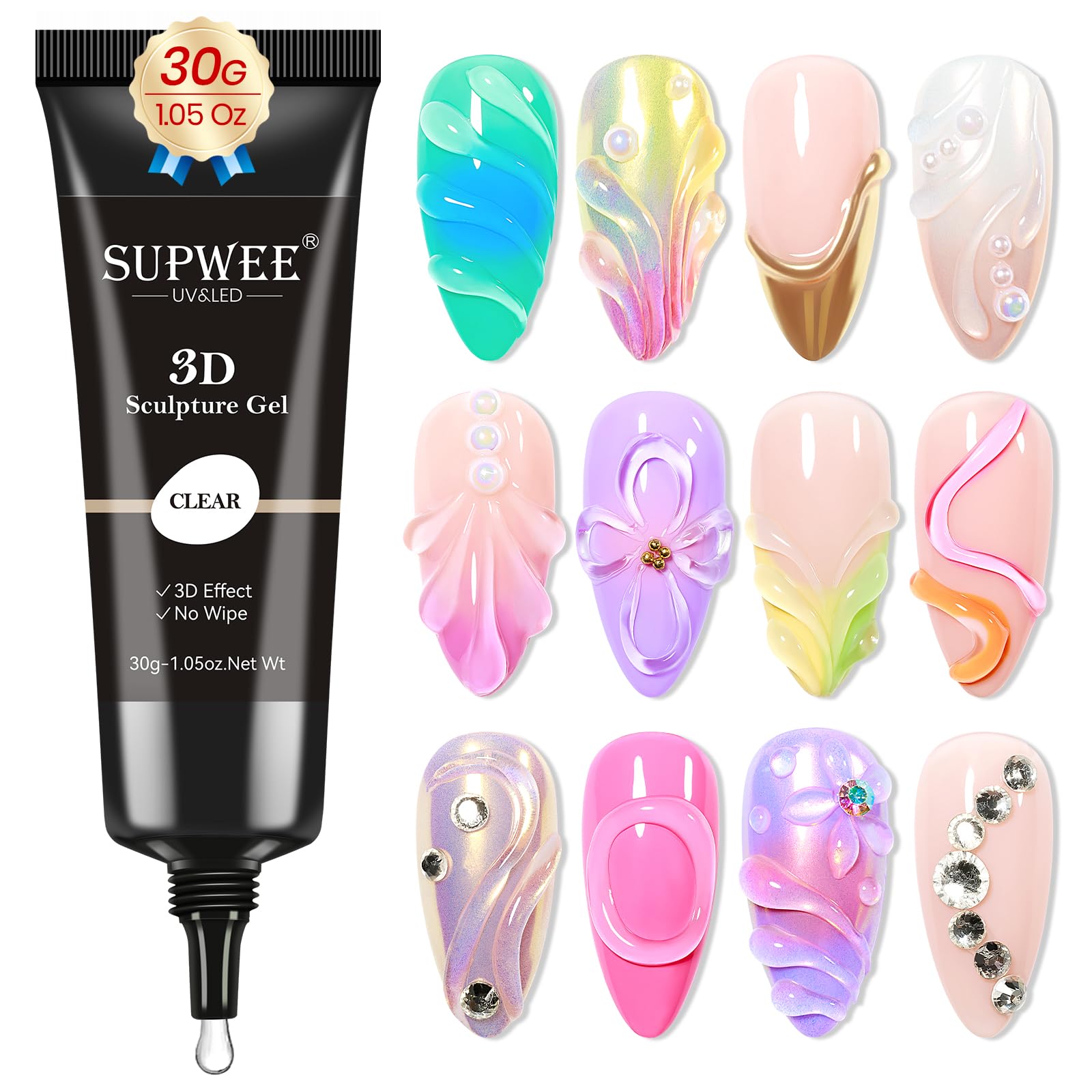 3D Clear Nail Sculpting Gel - 30g No Wipe Molding Gel for Nail Art, Rhinestone & Charm Decoration | Perfect for DIY Nail Designs, Salon Manicures & Professional Nail Extensions