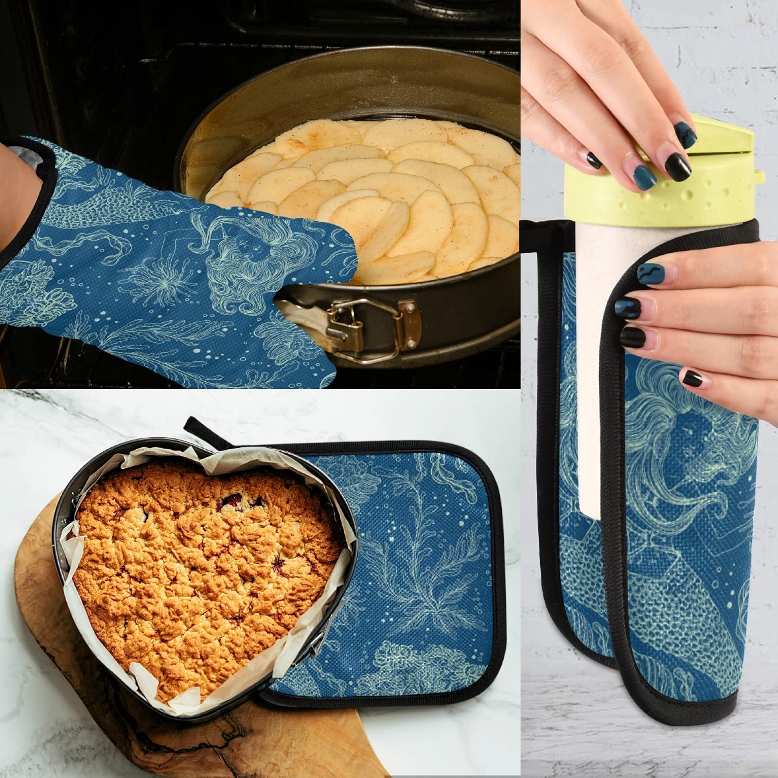 QUGRL Retro Mermaid Coral Oven Mitts & Pot Holders Set - Heat Resistant Kitchen Gloves for Baking, Cooking & BBQ - Underwater Theme Hot Pads for Safe Cookware Handling - Perfect for Beach House Kitchens & Mermaid-Themed Parties