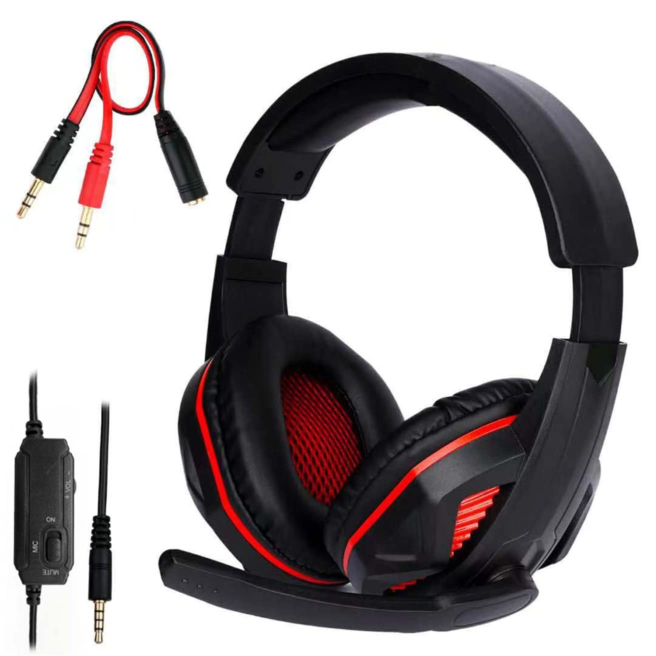 3.5mm Wired Gaming Headset with Microphone - Stereo Bass Noise Cancelling Headphones with Volume Control for PS4, Xbox One, PC, Laptop, Tablet & Mobile Phones (Black) - Perfect for Online Gaming, Video Calls & Music Streaming