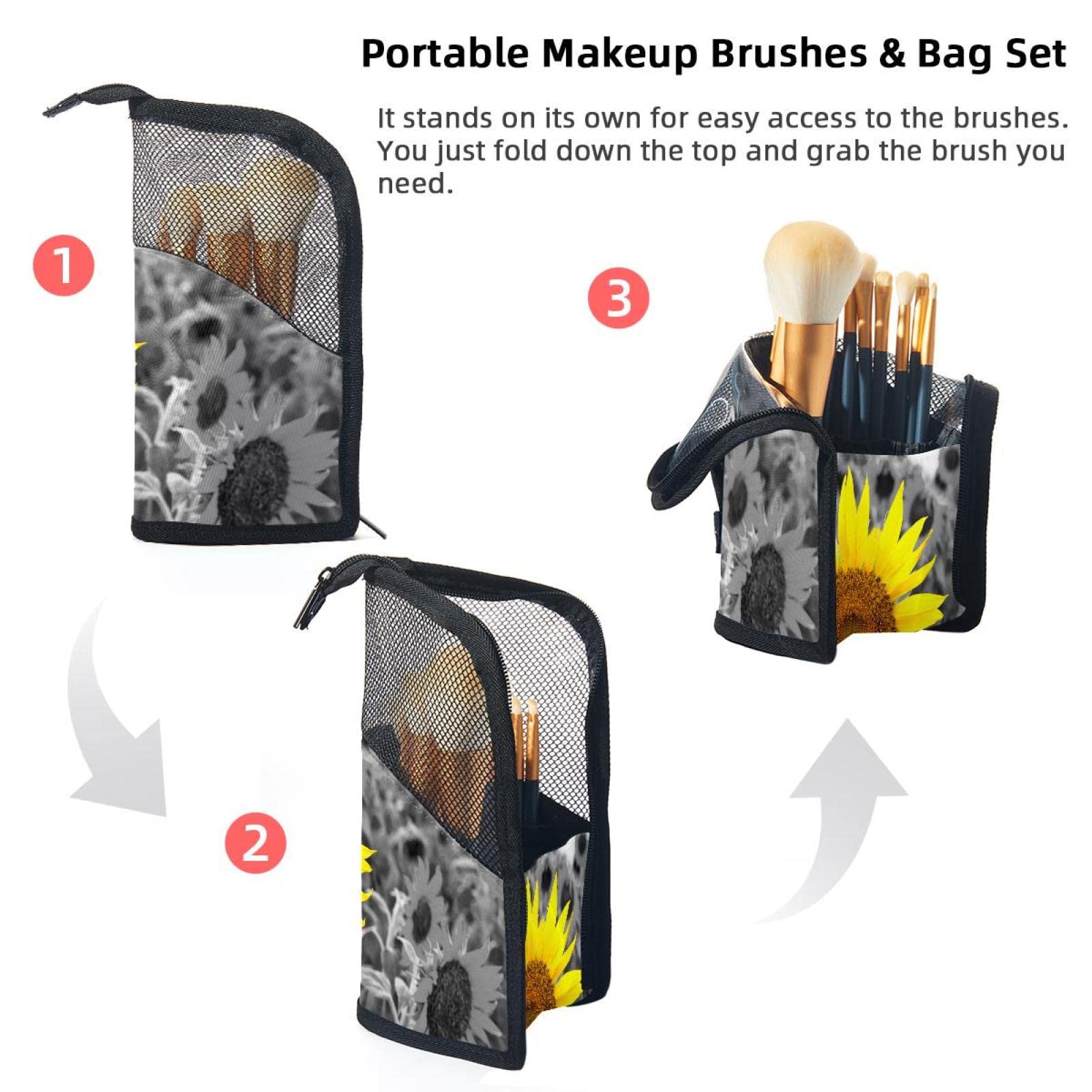 Premium 12-Piece Makeup Brush Organizer Bag with Black & White Sunflower Design - Portable Travel Cosmetic Brush Holder Case for Professional Makeup Artists & Beauty Enthusiasts - Perfect for Home, Travel & Salon Use