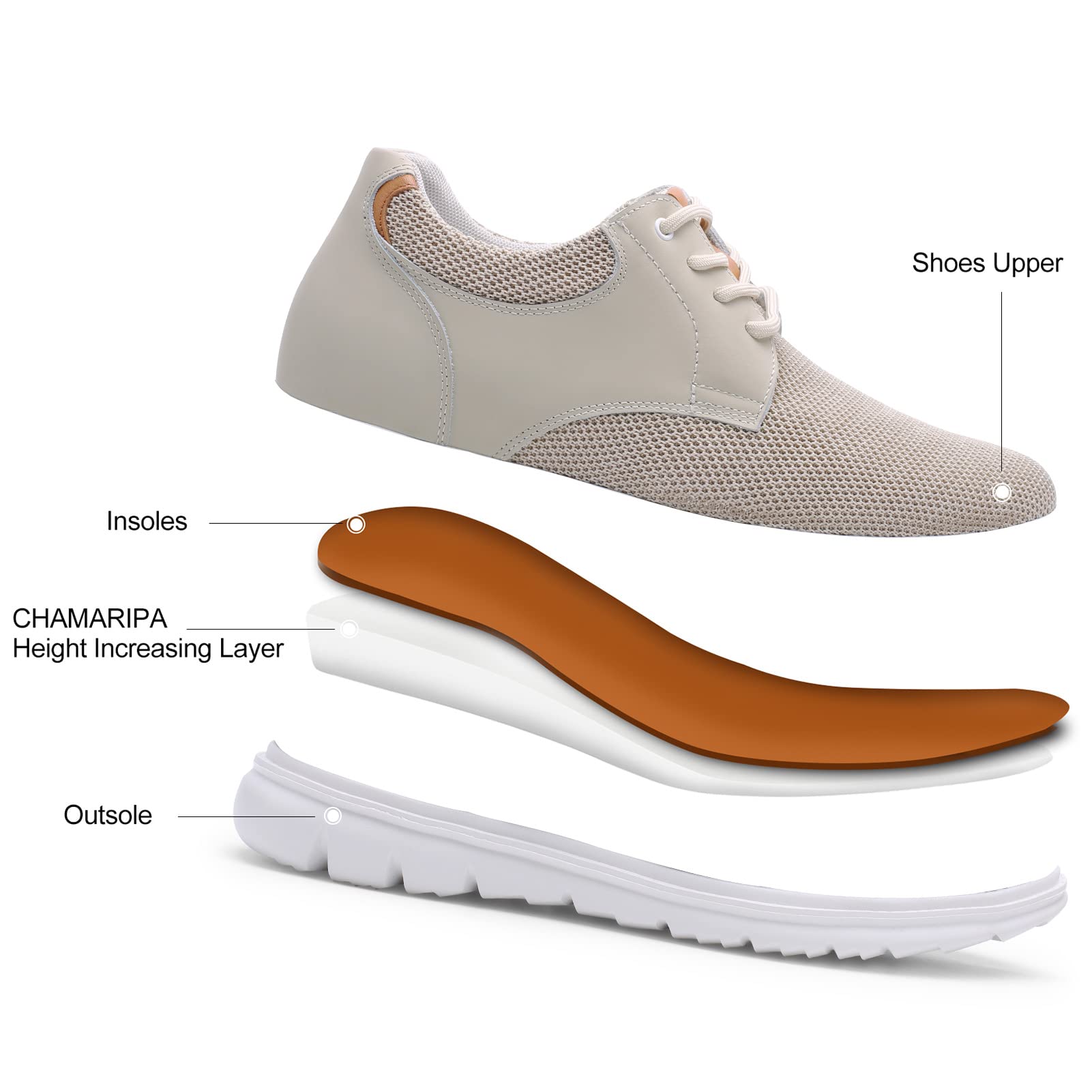 CHAMARIPA Men's Height Increasing Sneakers - Lightweight Elevator Shoes with Hidden Heel, Breathable Mesh & Lace-Up Design - Perfect for Casual Wear, Work, and Night Out