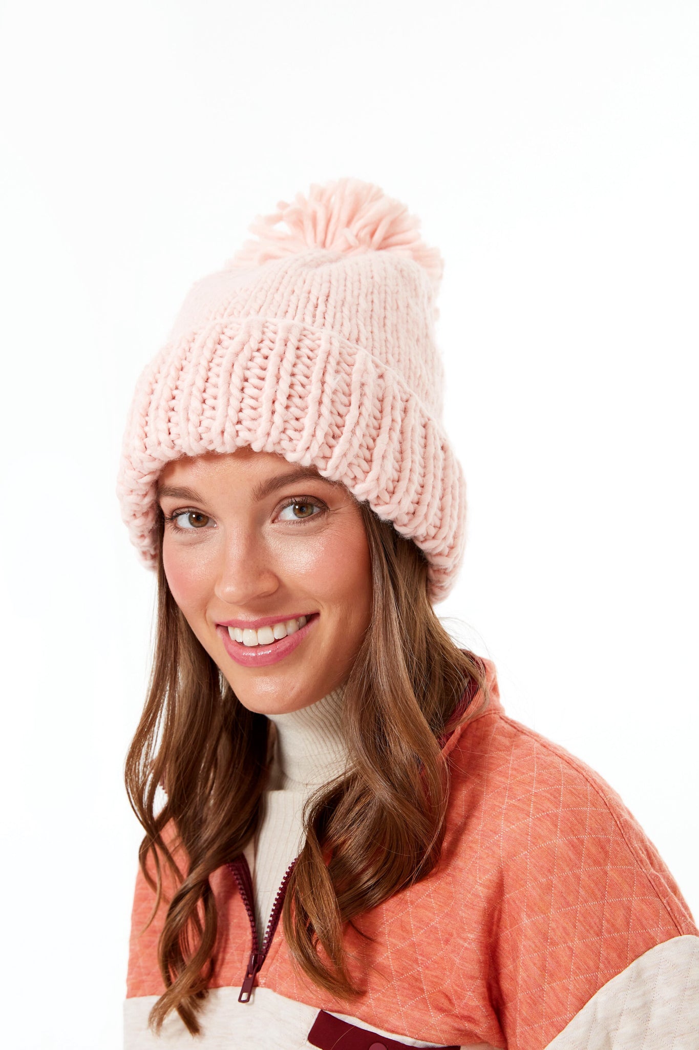 Blush Hand Knitted Basic Pom Beanie - Soft Winter Hat for Women & Girls - Perfect for Cold Weather, Outdoor Activities & Fashion