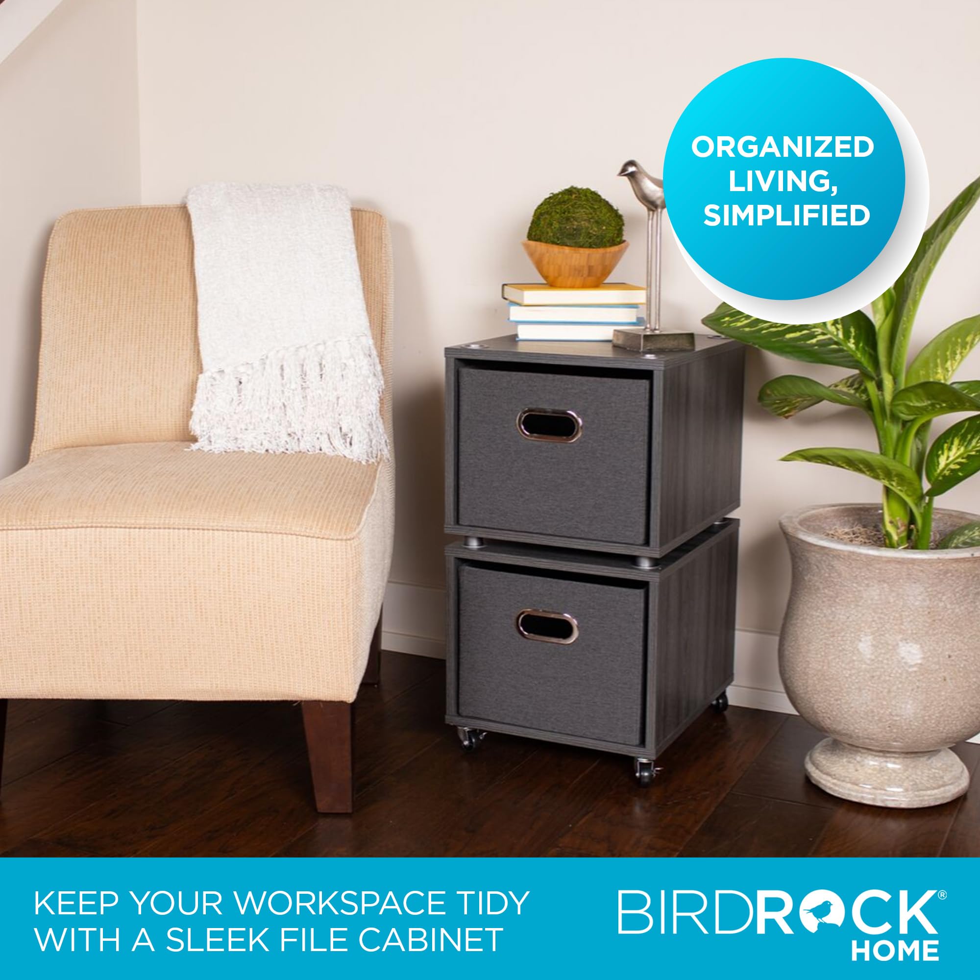 BIRDROCK HOME Rolling File Cabinet with Removable Bins - Modern Gray Storage Shelf with 2 Lateral Drawers, Wheels & Handles - Perfect for Organizing Office Files, Books, Toys | Under Desk Storage Solution for Home & Office Workspace