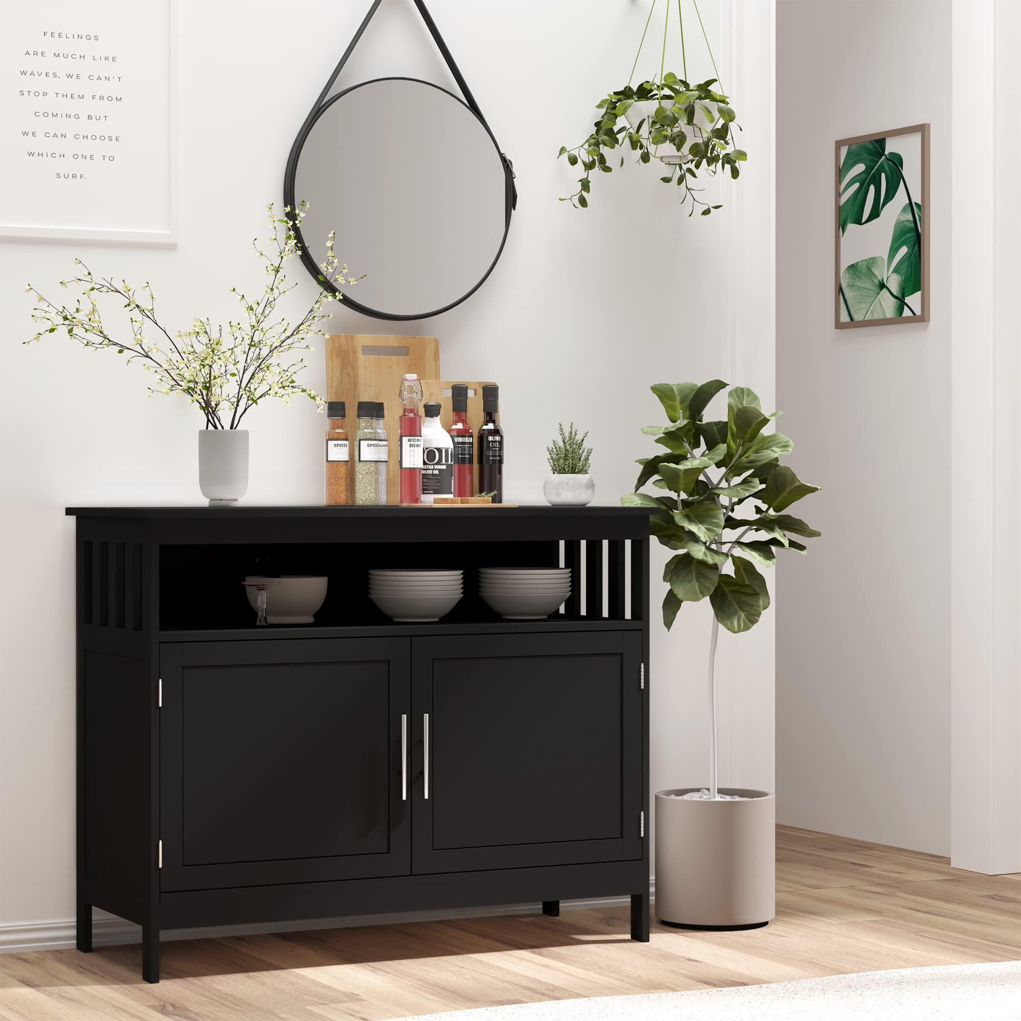 HOMCOM Modern Sideboard Buffet Cabinet with 2-Tier Shelf & Open Storage - Black Coffee Bar Cabinet for Dining Room, Living Room & Kitchen Organization