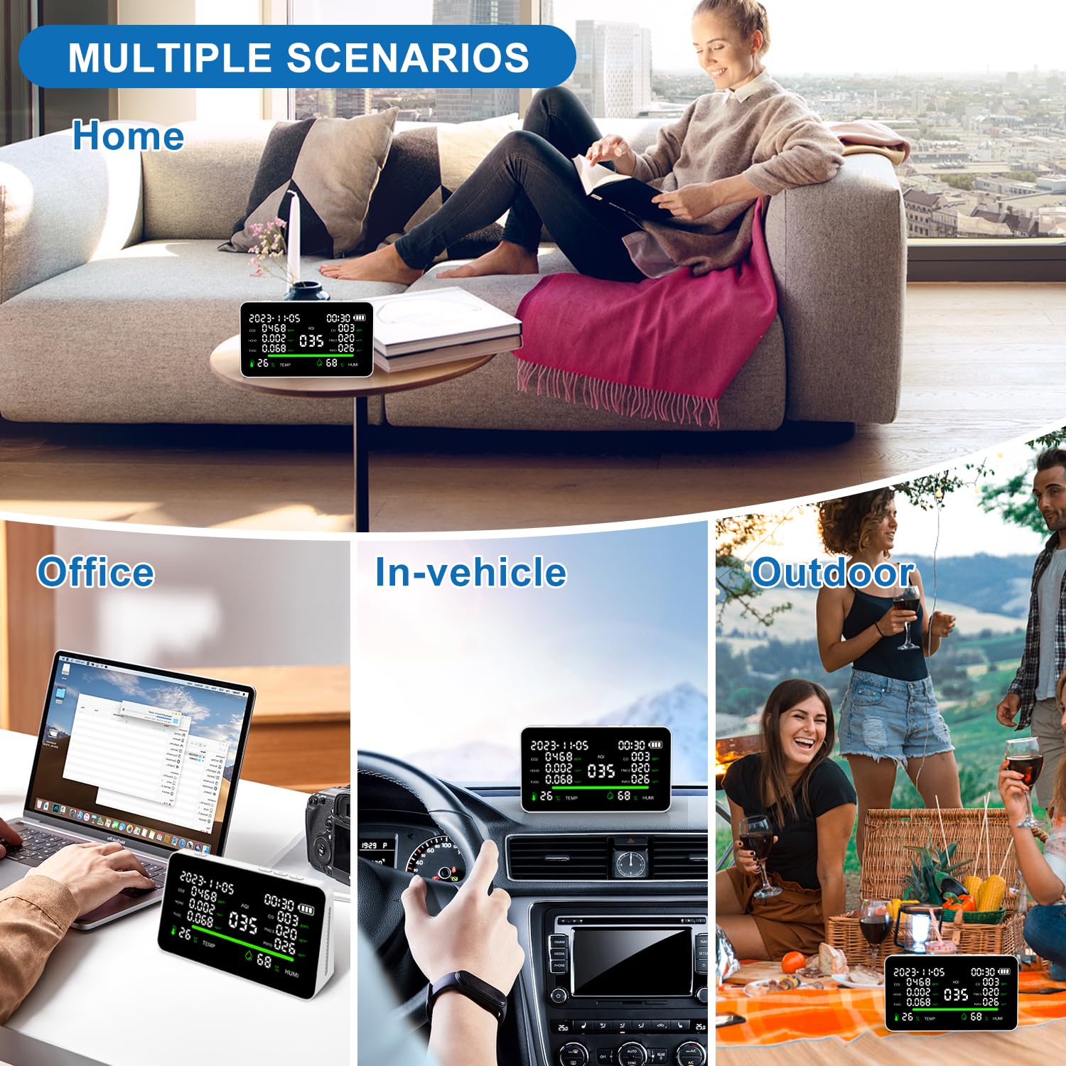 11-in-1 Air Quality Monitor for Home & Office - CO2/VOC/PM2.5/Temp/Humidity Detector, Portable & Battery Powered