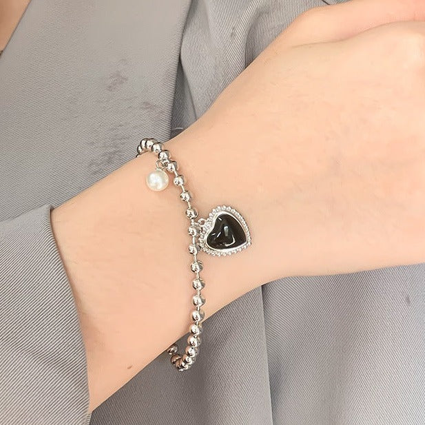 Silver Bead Black Puffed Heart Bracelets for Women - Trendy Adjustable Charm Bangle for Valentine's Day, Anniversary, Party & Everyday Wear | HB585