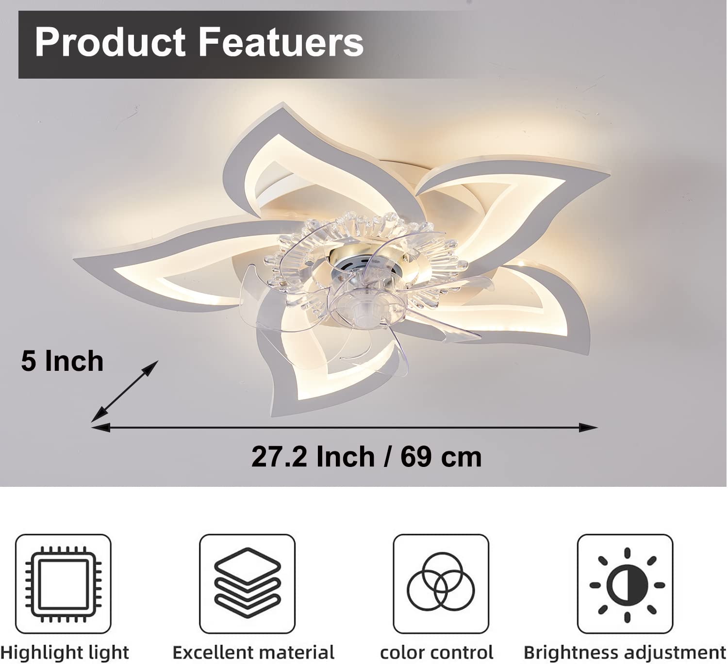 Becailyer 27-inch Modern Ceiling Fan with LED Lights - 50W Dimmable Flower Design Flush Mount Fan Light, 3 Color Temperatures & 6 Speed Settings - Perfect for Living Room, Bedroom, Office, and Indoor Spaces