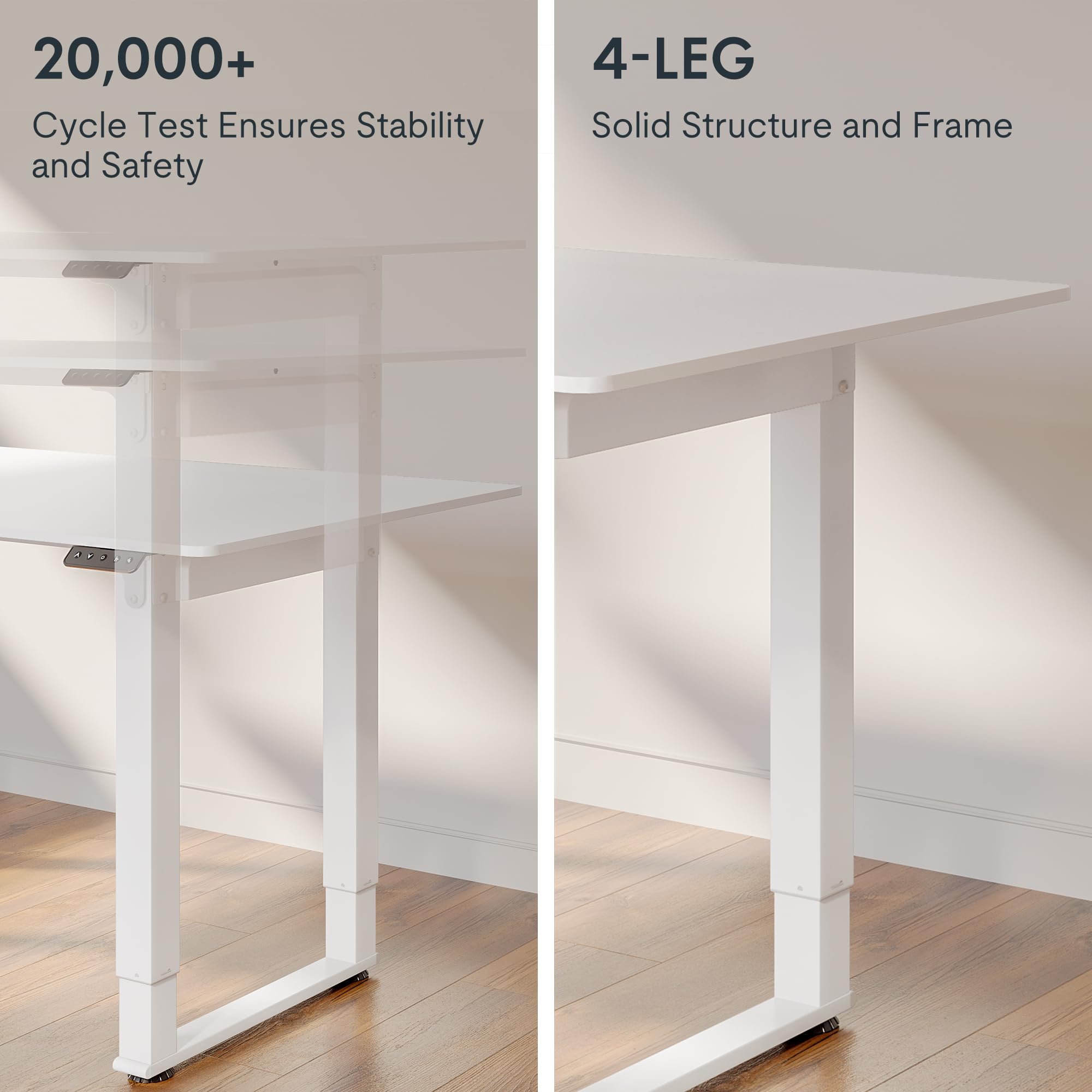 FLEXISPOT E6Q 55 x 28 Inch Adjustable Height Standing Desk with 4 Legs & Splice Board - White Top & Frame - Ergonomic Home Office Sit Stand Desk for Work from Home & Gaming Setup