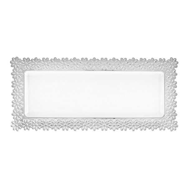 White Plastic Oblong Flower Design Tray - Set of 2 - Decorative Serving Tray for Dining, Bathroom Organization, and Home Decor